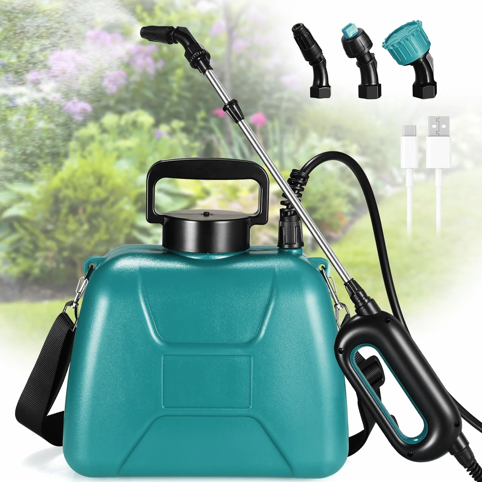 TLGREEN Drucksprüher 5L, 7.4V Stärker Elektrischer Pflanzensprüher, mit 3 Düsen & Verstellbarer Schultergurt, USB-aufladbarem Griff mit Teleskopstab für Gartenspritze, Unkrautspritze & Wassersprüher