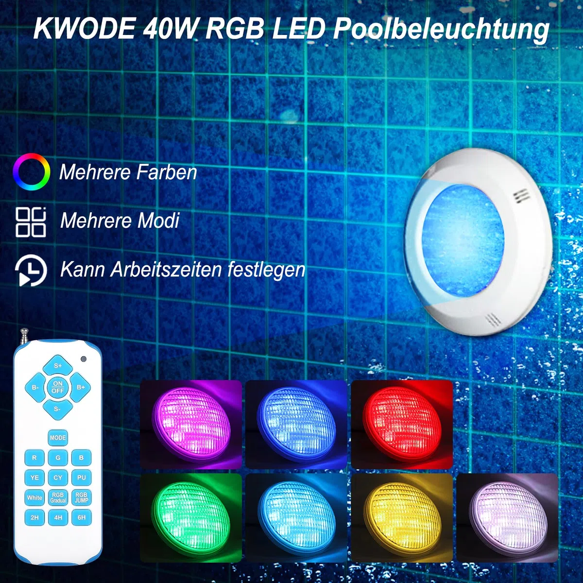 40W LED Poolbeleuchtung PAR56, RGB Poolscheinwerfer Timing 2/4/6H IP68 Wasserdichter Pool Lamp Unterwasser mit Fernbedienung, Unterwasserscheinwerfer 12V AC/DC