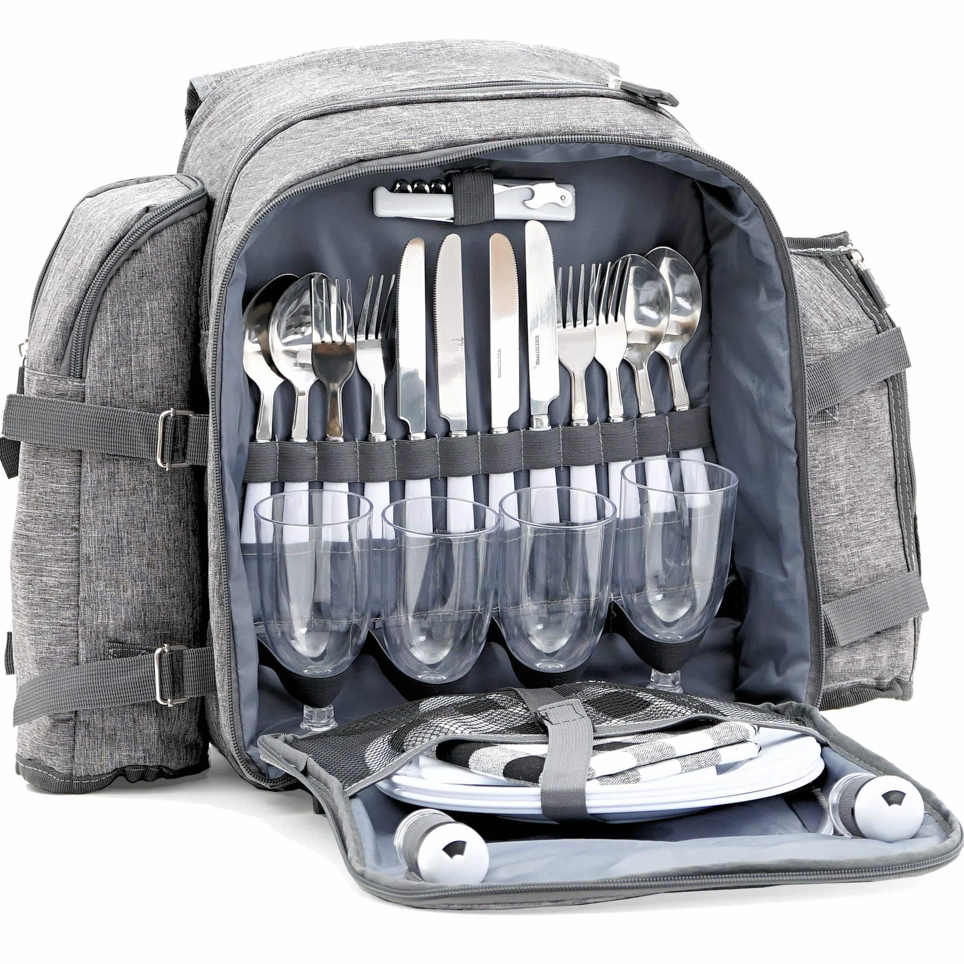CampFeuer Picknickrucksack für 4 Personen | Picknickset 32-teilig | grau | mit Flaschenhalter, Picknickdecke, großem Kühlfach, Geschirr und Besteck | Rucksack mit Campinggeschirr, Picknickset