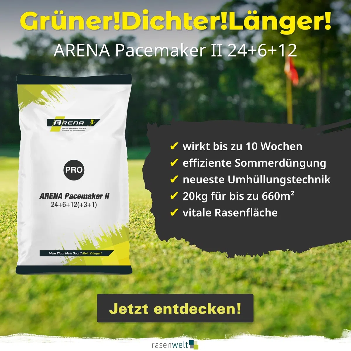 ARENA Rasen Sommerdünger Pacemaker II 20kg I Langzeit Rasendünger im Sommer I 10 Wochen Langzeitwirkung I 24+6+12(+3+1)