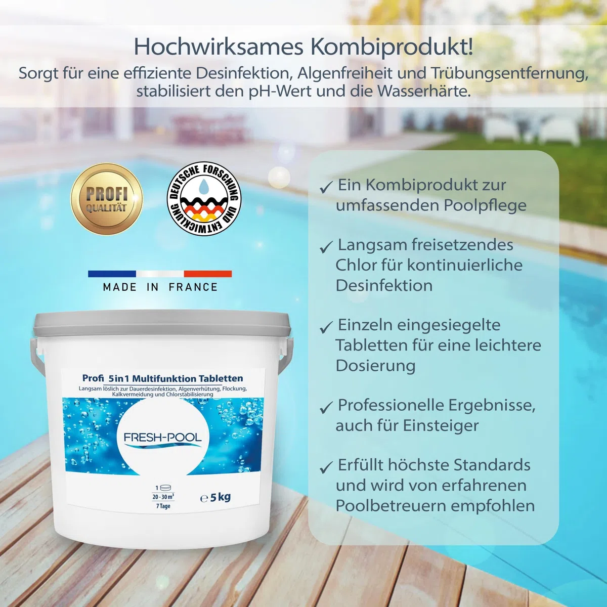 Fresh-Pool Profi 5in1 Multifunktion Tabletten 200g 5 kg - Chlortabletten für Pool mit Algizid und Flockung | Multifunktionstabletten Pool | Multitabs 5 in 1 200g | Chlortabs/Multitabs Pool 200g