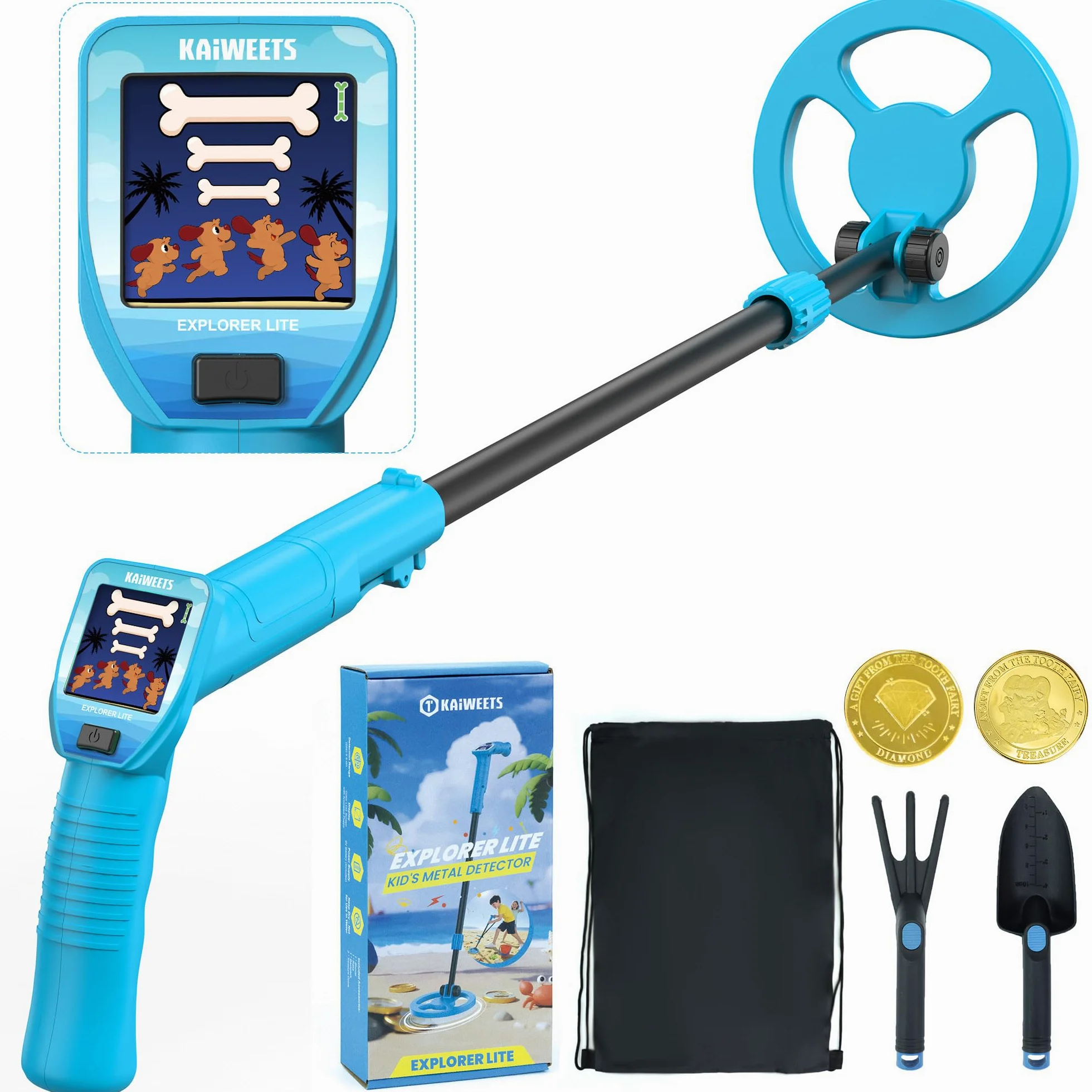 KAIWEETS Metalldetektor für Kinder, Animiertem Farb-LCD & Verstellbarem Schaft, Leichter Golddetektor Set mit Rucksack, Schaufel, Harke & Bonusmünzen – Ideal als Geburtstags
