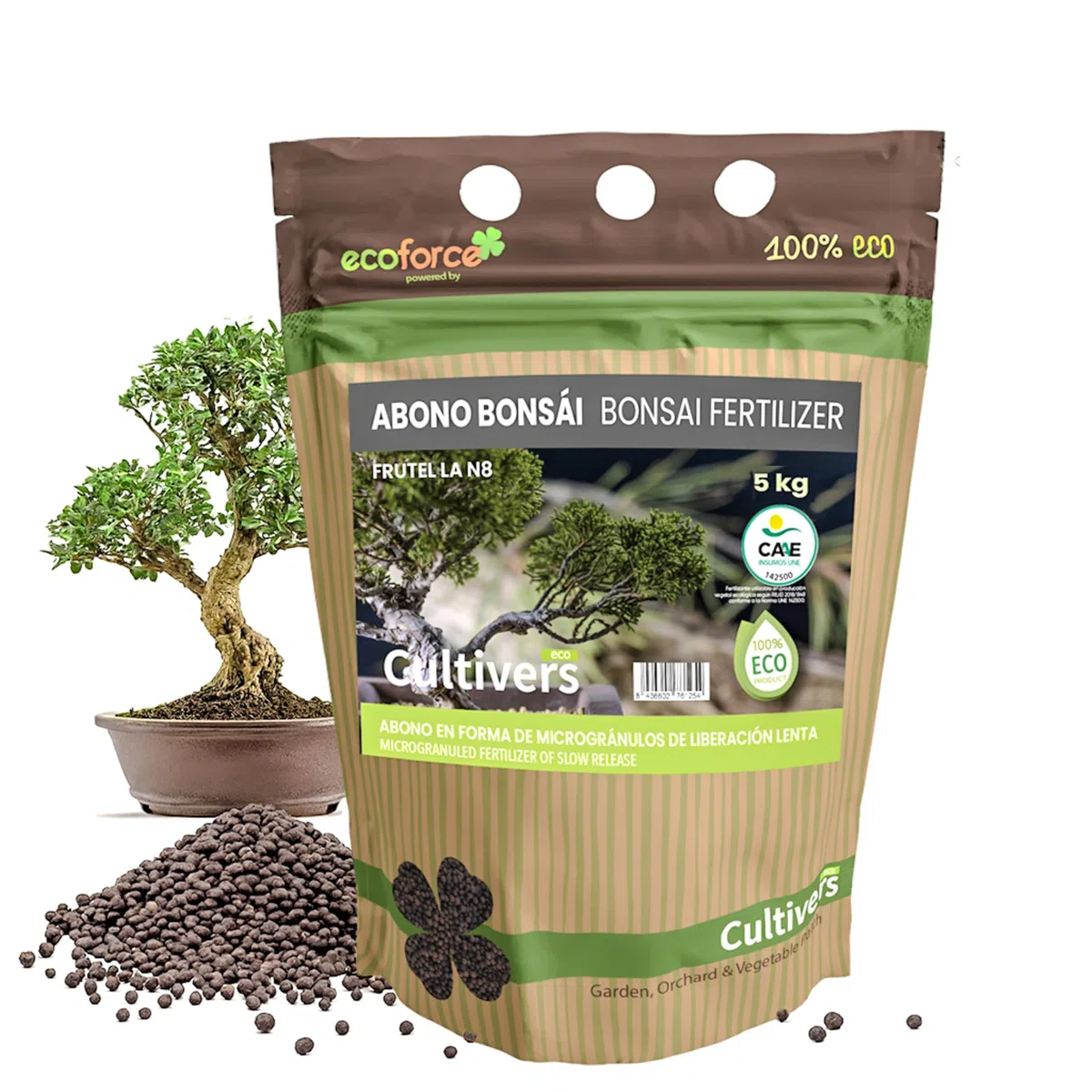 CULTIVERS Bio-Bonsaidünger 5 kg, granuliert, 100% pflanzlich, organisch und natürlich, langsam und kontrolliert freisetzend, NPK 8-1-5 + 74% organische Substanz, mit Huminsäuren