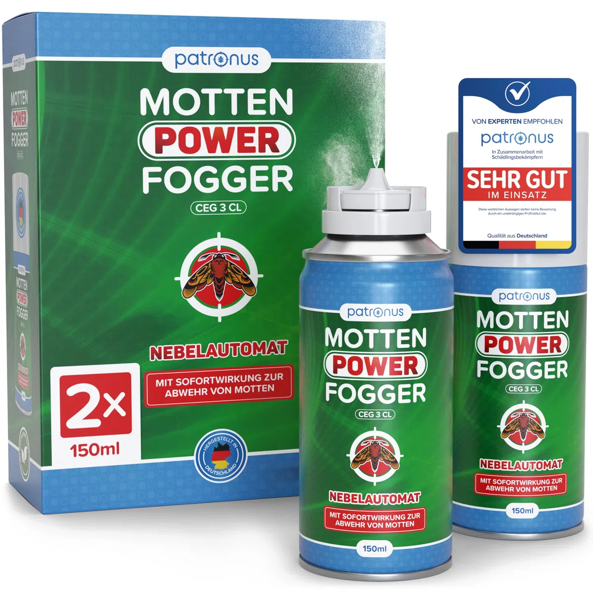 Patronus Motten Power Fogger mit maximaler Sofortwirkung [2x 150ml] | effektiver Vernebler gegen Motten, Kleidermotten & Lebensmittelmotten, für schwierig erreichbare Motten-Verstecke