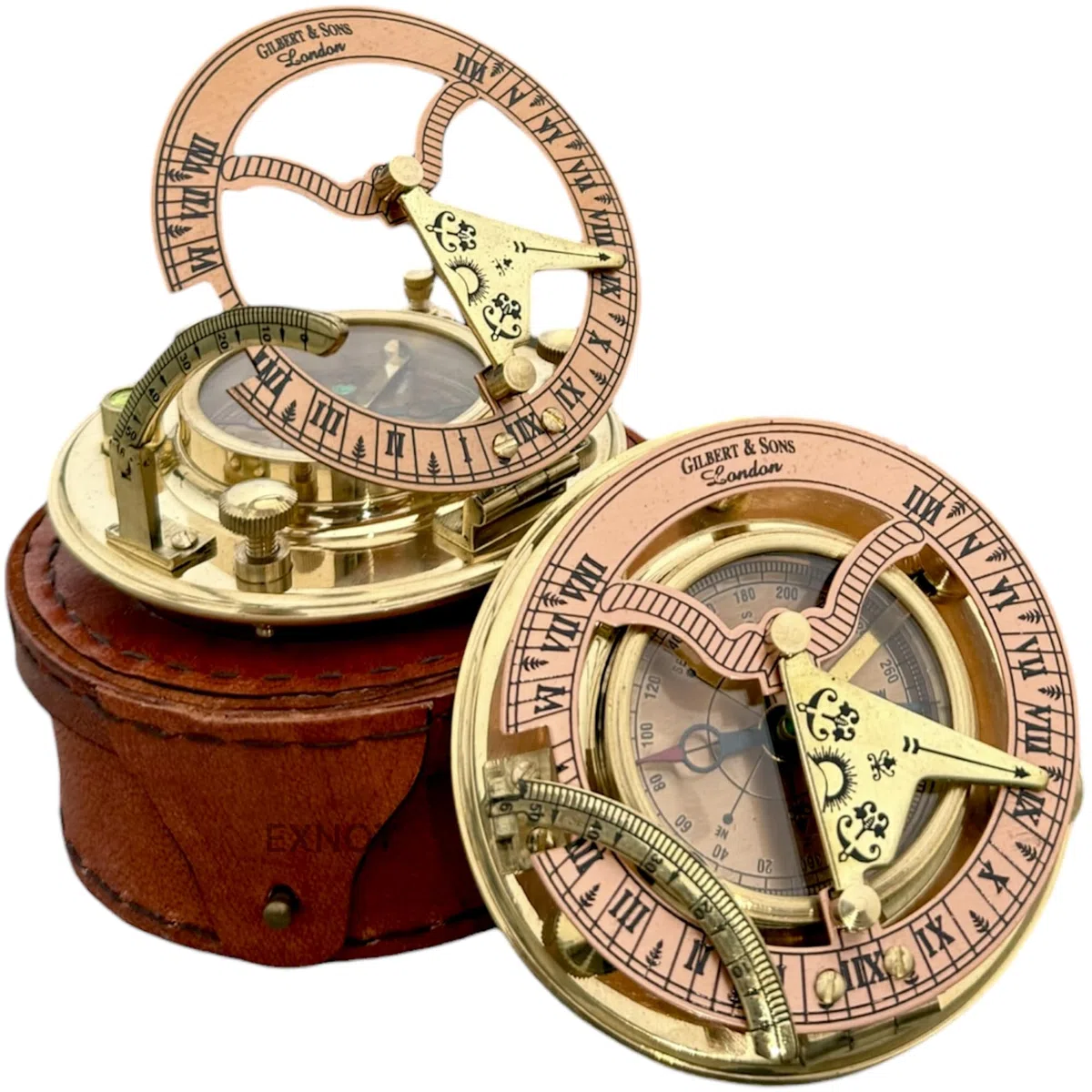 Vintage-Sonnenuhr-Kompass aus Messing mit Kupfer-Zifferblatt im Lederetui, Steampunk, Vintage-Kompass, Kupfer-Sonnenuhr in Box, Geschenke für Jahrestag und besondere Anlässe