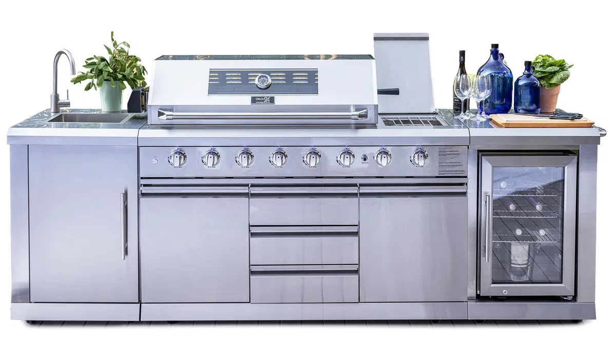 Ondis24 Outdoor-Küche Gasgrill Kühlschrank Spülbecken Edelstahl 4 Brenner Außenkochfeld Keramik Backburner Drehspieß