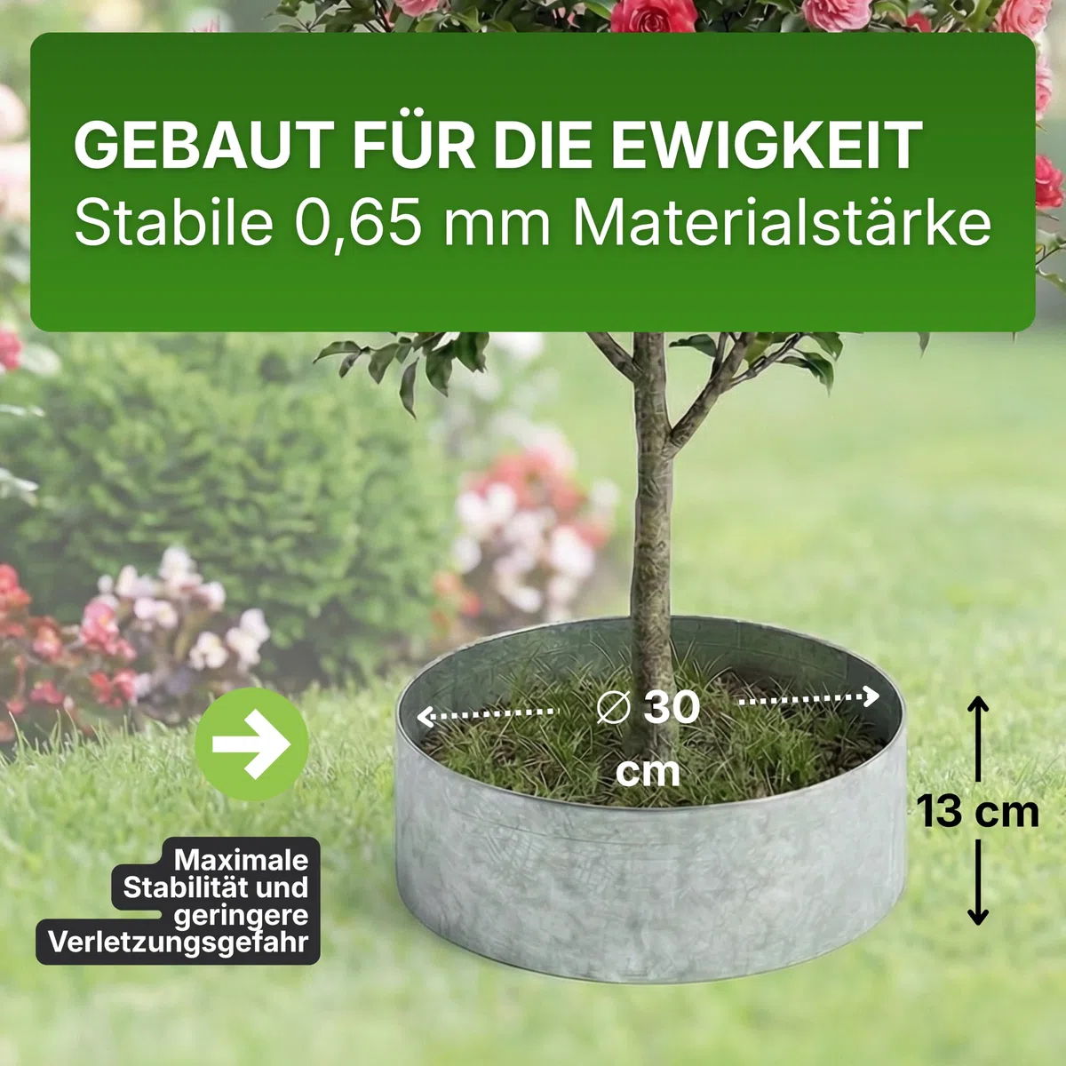 Gartenwelt Riegelsberger Rasenkante Kreis Metall Ø 30 cm – 4 Stück Baumeinfassung aus feuerverzinktem Stahl, Höhe 13 cm, robuste Beetumrandung & Mähkante, silberfarben