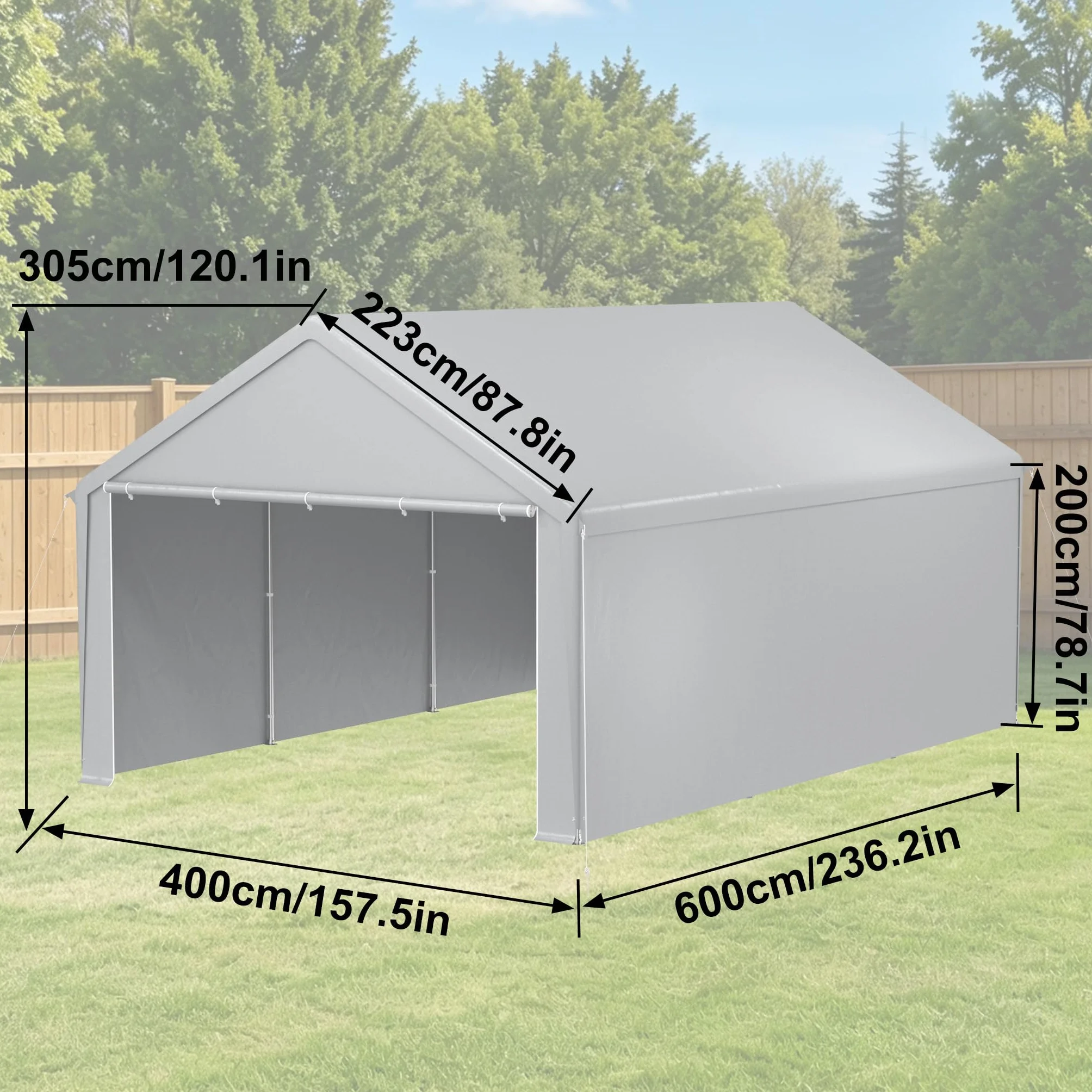 Carport Zeltgarage 4x6m, Lagerzelt mit wetterfester PE Plane, Garagenzelt mit verzinktem Stahlrahmen, mit Erdankern und Abspannseilen, Unterstand für Auto, Geräte und Gartenbedarf, Grau