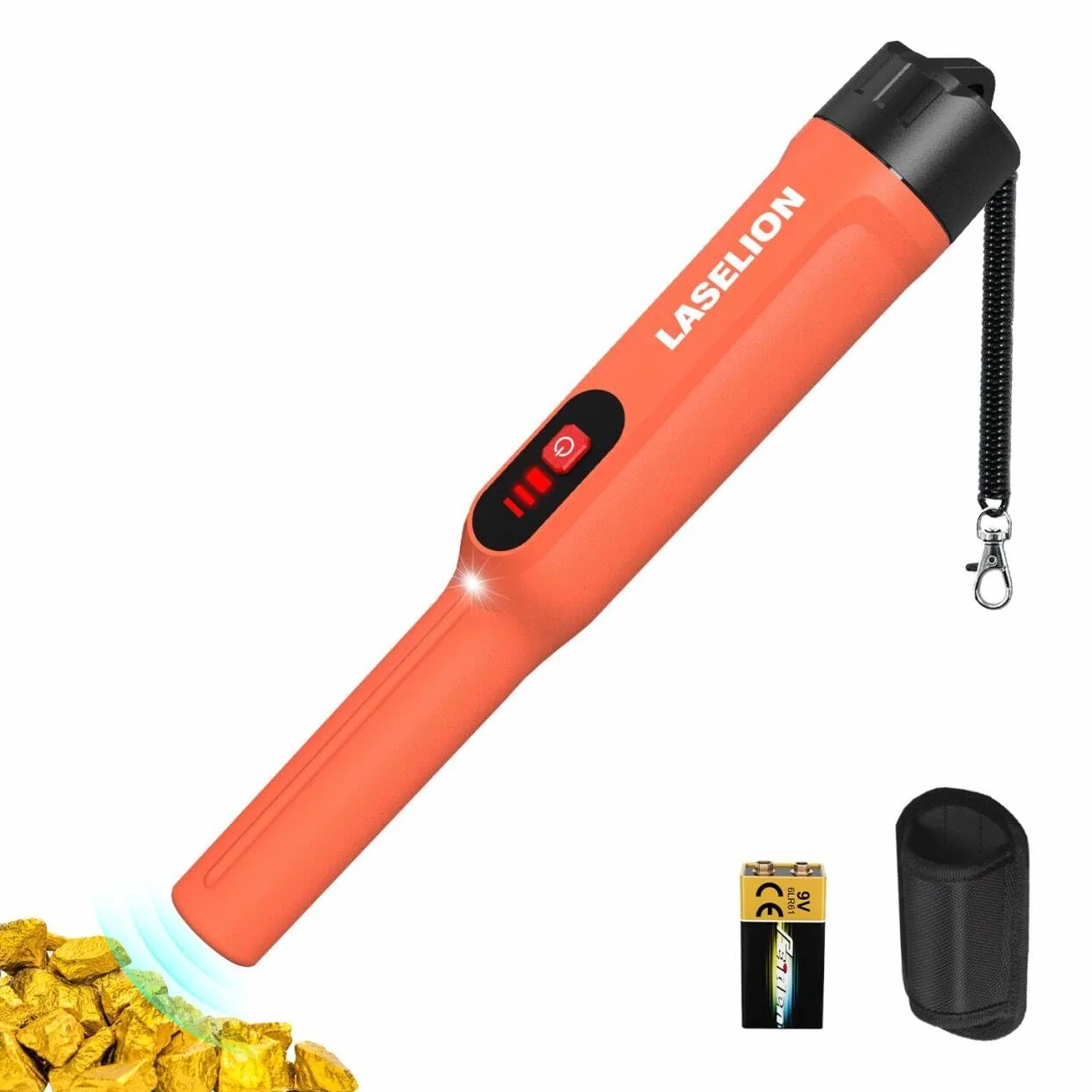 LASELION MD01 Metalldetektor Pinpointer IP68-Wasserdichtigkeitsgrad - Tragbares Metallsuchgerät mit 9V Batterie, Gürteltasche und Umhängeband,360° Suchbereich