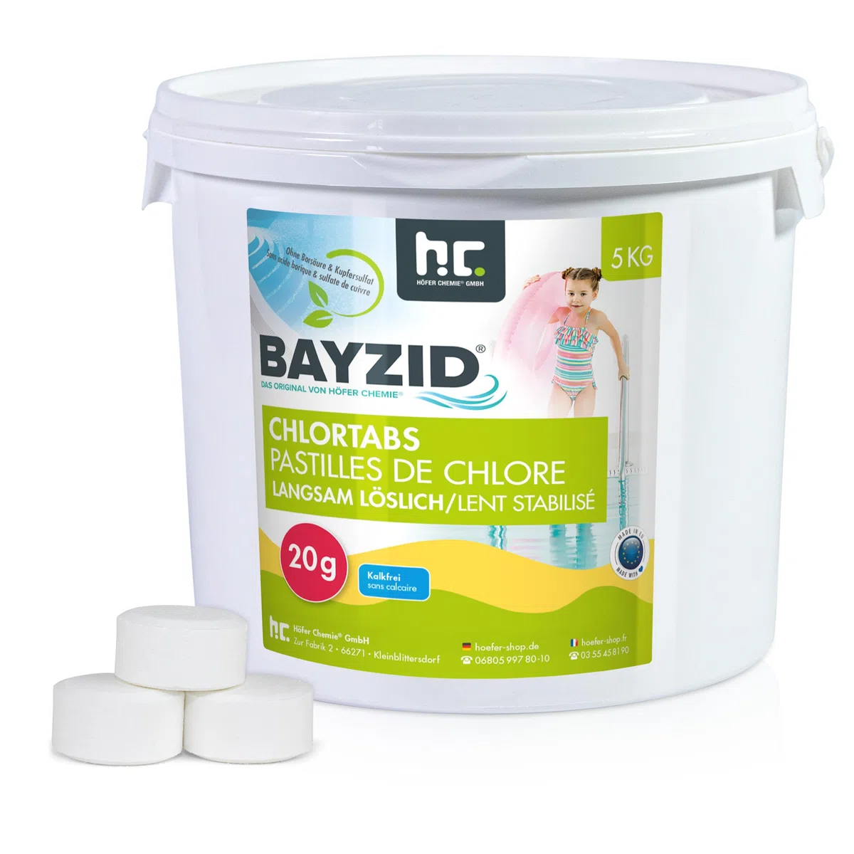 Höfer Chemie 20g Chlor Tabletten langsam löslich im 5 kg Eimer - zur dauerhaften Chlorung von Pool und Schwimmbad - Hochwirksam gegen Bakterien und Pilze - Bayzid