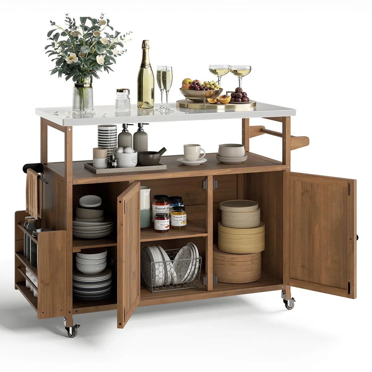 FANTASK Grillwagen Outdoor, Servierwagen mit Edelstahlplatte, Ablagen, Schrank & Gewürzregal auf Rollen für BBQ, 130 x 47 x 92 cm (1 Tür-118 x 47 x 92 cm)