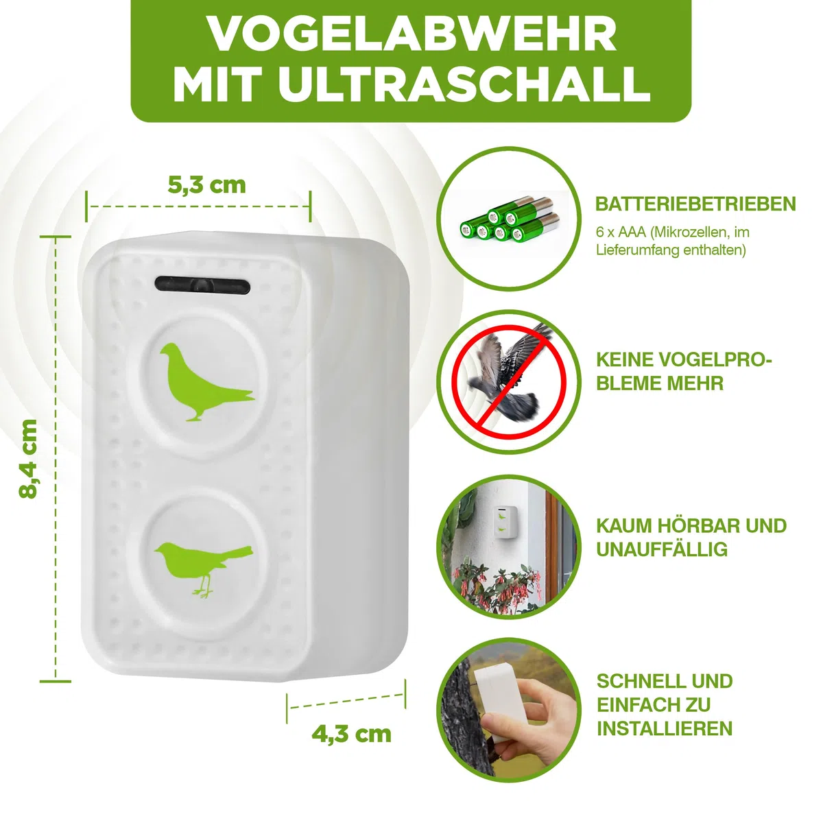 ISOTRONIC Ultraschall Vogelabwehr zum Vertreiben von Tauben, Spatzen, Möwen & Krähen – batteriebetriebener Vogelschreck für Balkon, Dach & Garten – Taubenabwehr mit 50m² Wirkungsbereich (1 Stück)