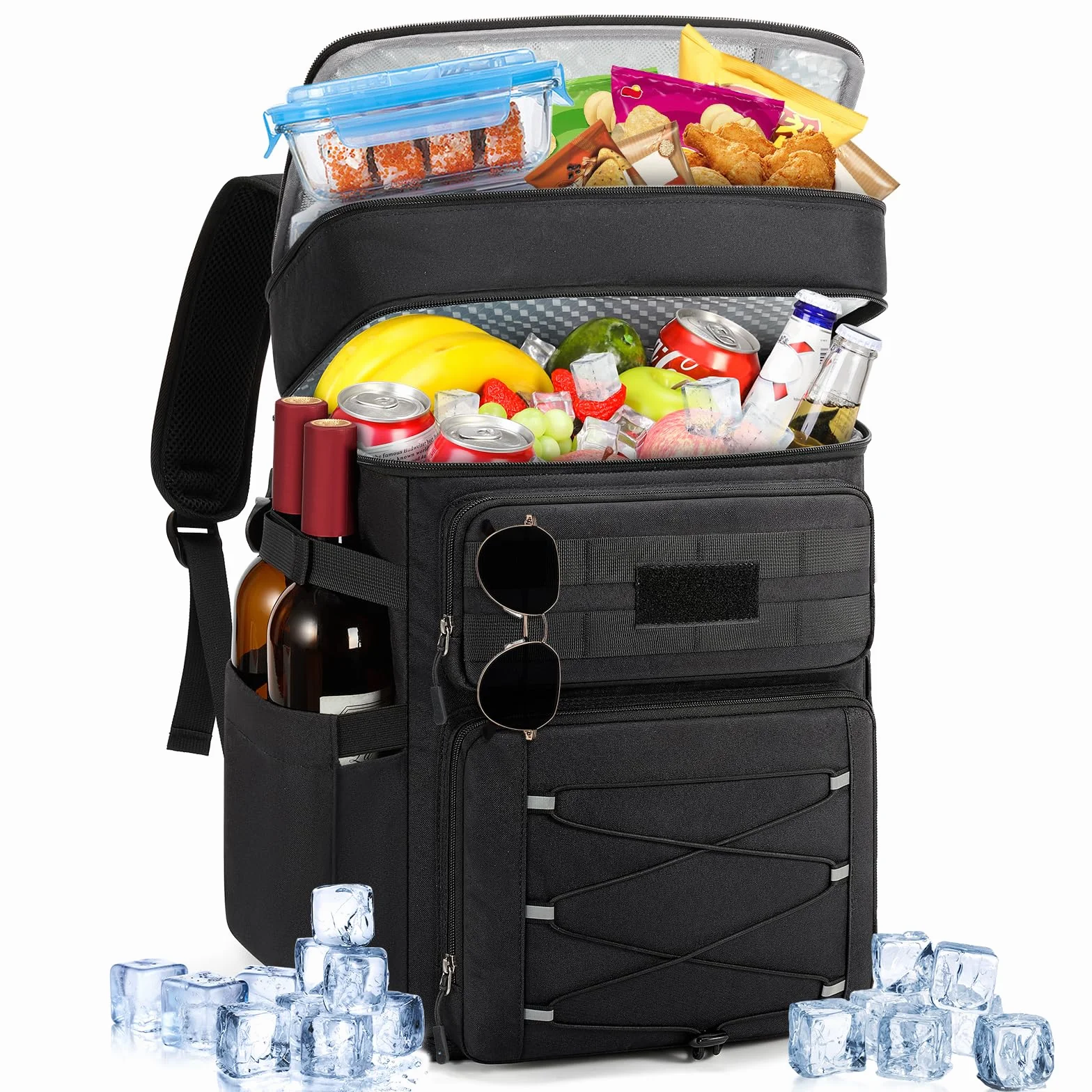 RAINSMORE Kühlrucksack 30L Auslaufsicher Groß Thermo Kühltasche Rucksack Doppeldeck Isolierter Picknickrucksack für Familie Outdoor BBQ Schwarz