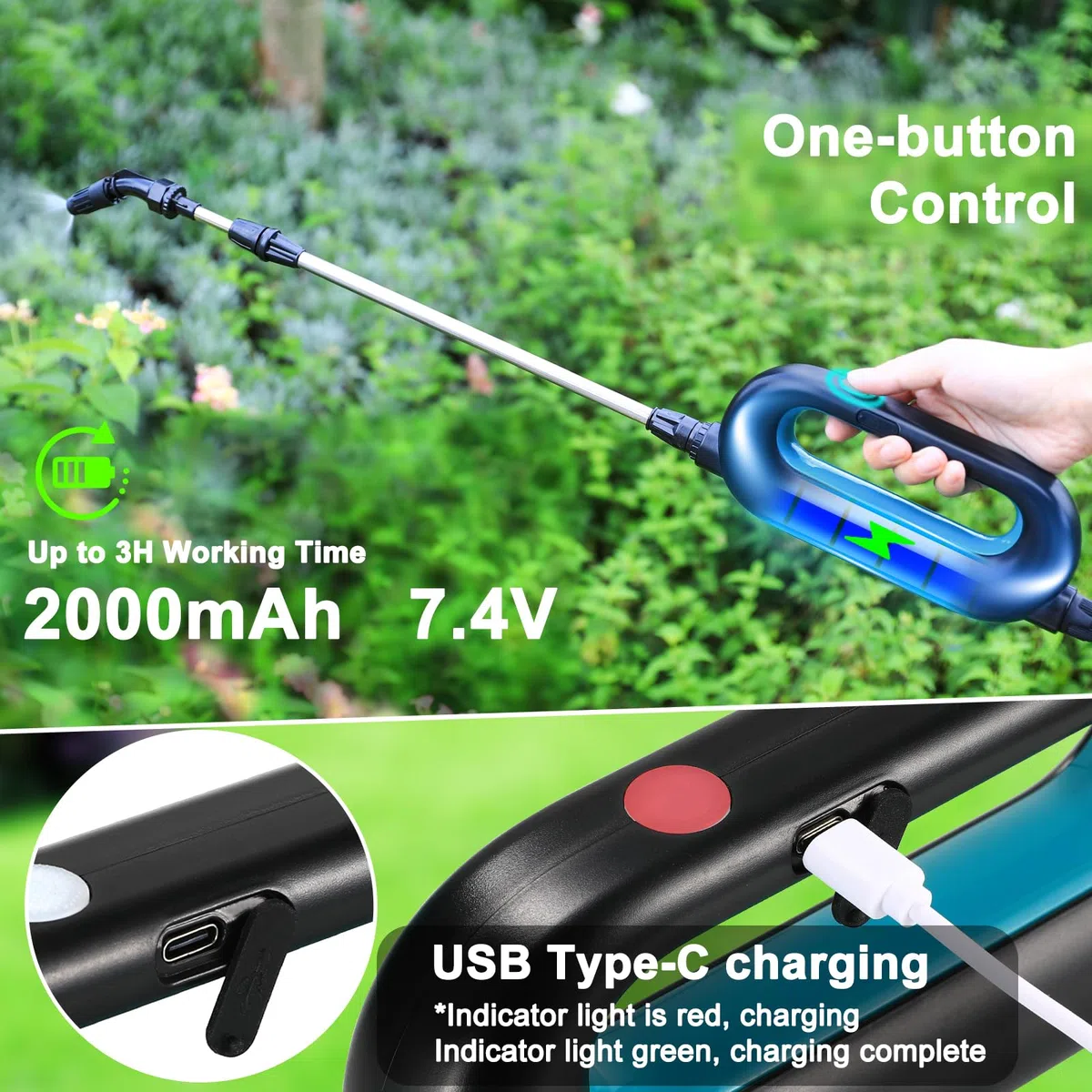TLGREEN Drucksprüher 5L, 7.4V Stärker Elektrischer Pflanzensprüher, mit 3 Düsen & Verstellbarer Schultergurt, USB-aufladbarem Griff mit Teleskopstab für Gartenspritze, Unkrautspritze & Wassersprüher