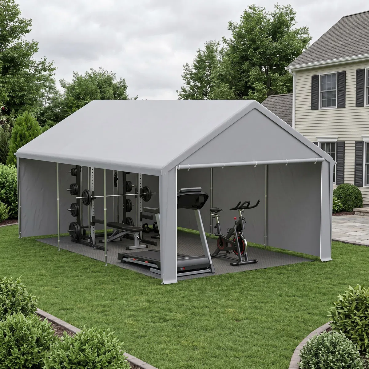 Carport Zeltgarage 4x6m, Lagerzelt mit wetterfester PE Plane, Garagenzelt mit verzinktem Stahlrahmen, mit Erdankern und Abspannseilen, Unterstand für Auto, Geräte und Gartenbedarf, Grau