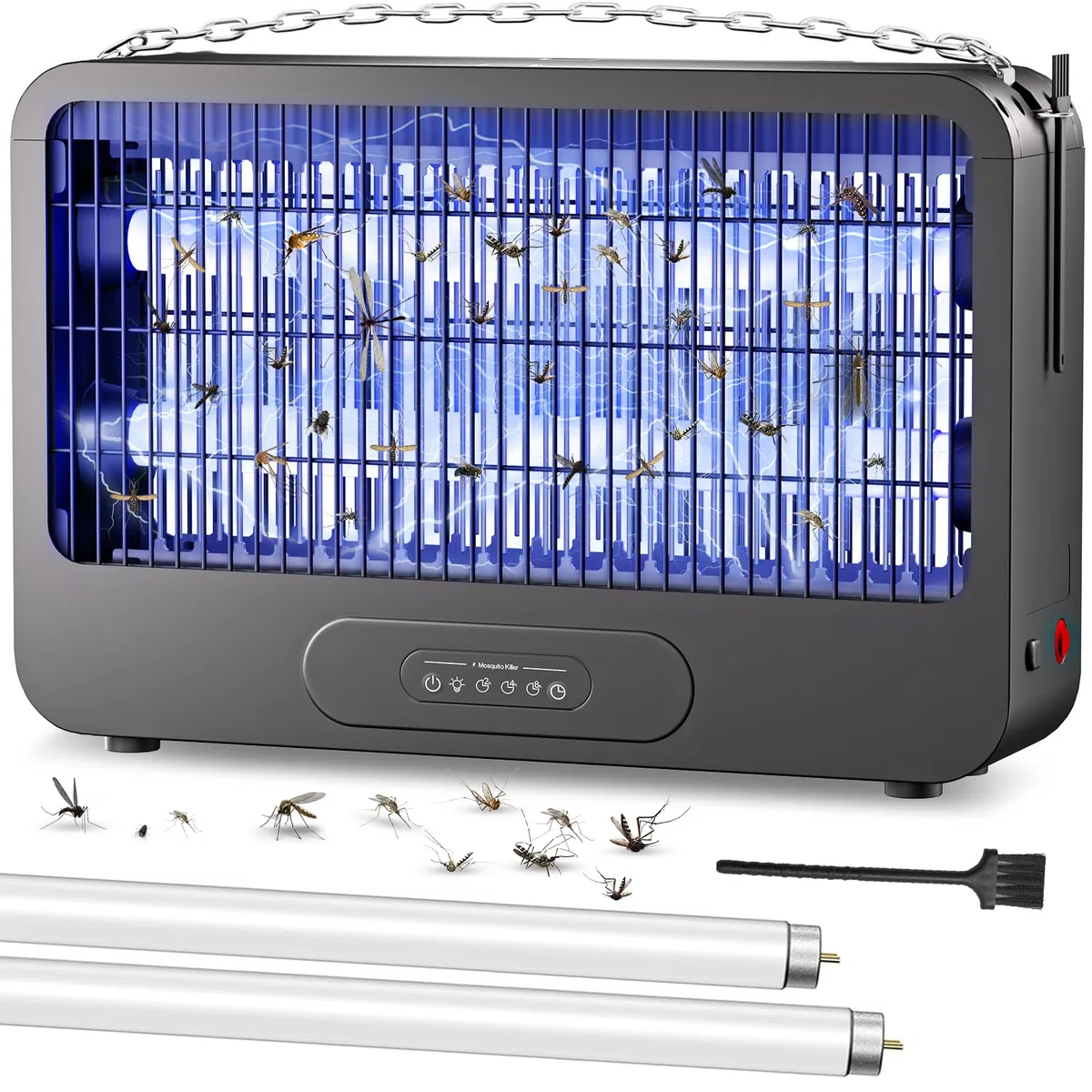 Elektrischer Insektenvernichter 20W 3500V UV elektrische Fliegenfalle & Fliegenfänger mit Fernbedienung und Timer, Insektenfalle Mückenlampe für Innen, Küche, Wohnzimmer und Garten, 2 Ersatz-UV-Lampen