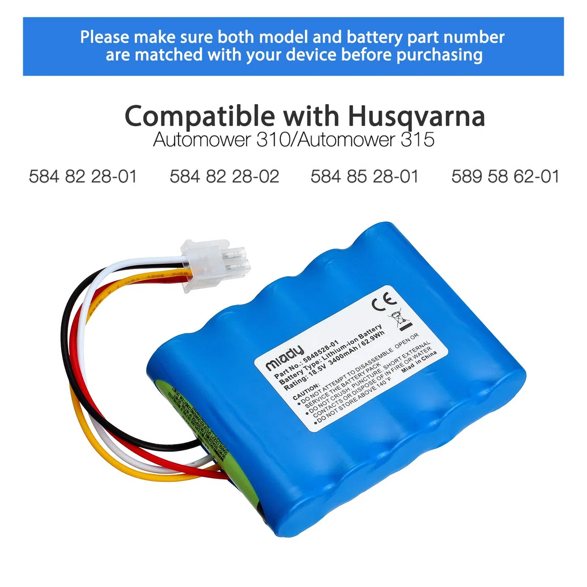 Miady Mähroboter Ersatzakku (3400mAh) Kompatible mit Gardena Sileno R100Li, R130Li, R160Li, Husqvarna Automower 310,315, 584 82 28-01, 584 82 28-02, 584 85 28-01, 589 58 62-01