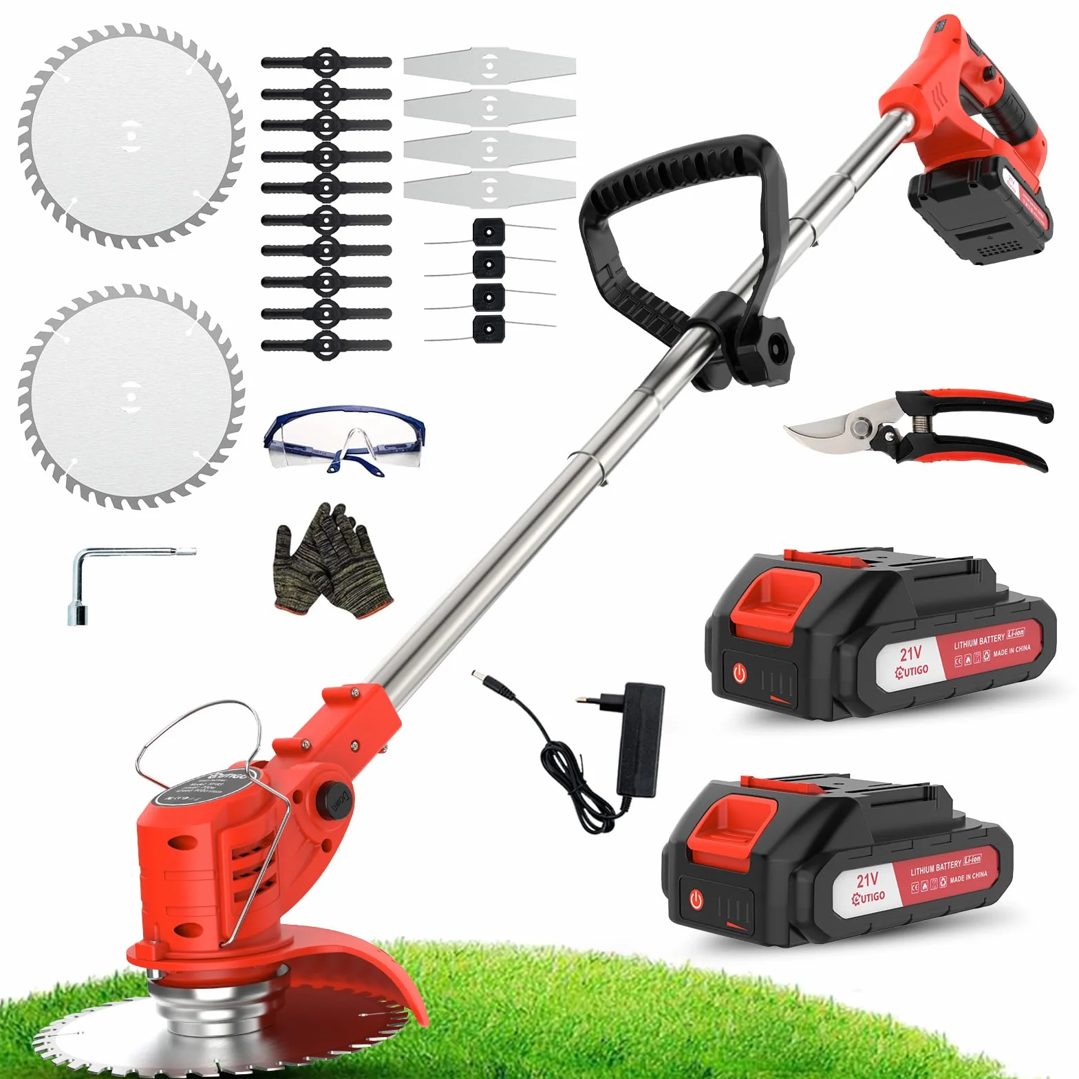 OUTIGO Akku Rasentrimmer mit Akku, Rasenkantenschneider mit 2 Akkus 21V und 4 Messertypen+1 Gartenschere, Verstellbarer Teleskop-Führungsholm Desbrozadoraeléctrico inalámbrico (Rot-FBA)
