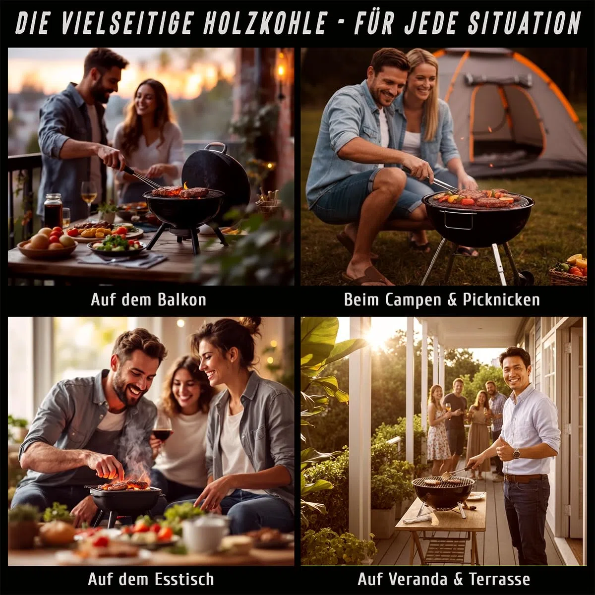 Tischgrill-Holzkohle 1kg x 6 (6 KG) – 6kg Holzkohle mit Anzündbeschichtung – extra kleine Körnung 20–50mm – sofort einsatzbereit, raucharm, ideal für unterwegs, ideal für Lotus Grill, Balkon