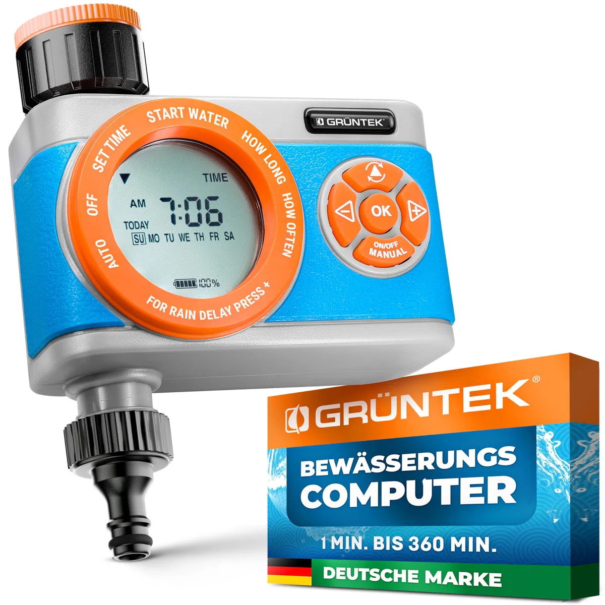 GRÜNTEK Digitale Bewässerungssteuerung mit Digitalanzeige, Flexibler Bewässerungscomputer mit Wahl der Wochentage und Bewässerungstimer von 1 Min. bis 360 Min.