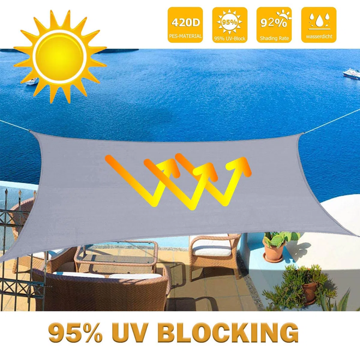 Sonnensegel Rechteckig 3x4m,PES Polyester Reißfest Wetterfest,Sonnensegel Wasserdicht,Sonnenschutz 95% UV-Schutz,Segeltuch Pergola mit Ösen und Befestigungsseile,für Balkon Garten,grau