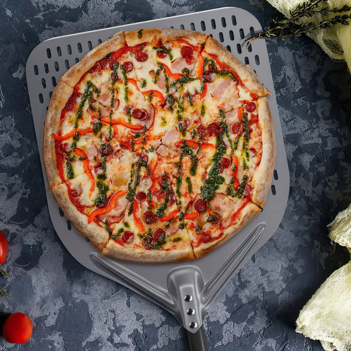Perforierter Pizzaschaufel aus Harteloxiertem Aluminium zum Leichten Gleiten auf Pizzastein, Rechteckig Großer Fläche & Abnehmbaren Griff für Grill Pizzaofen 34,7cm / Länge 118cm