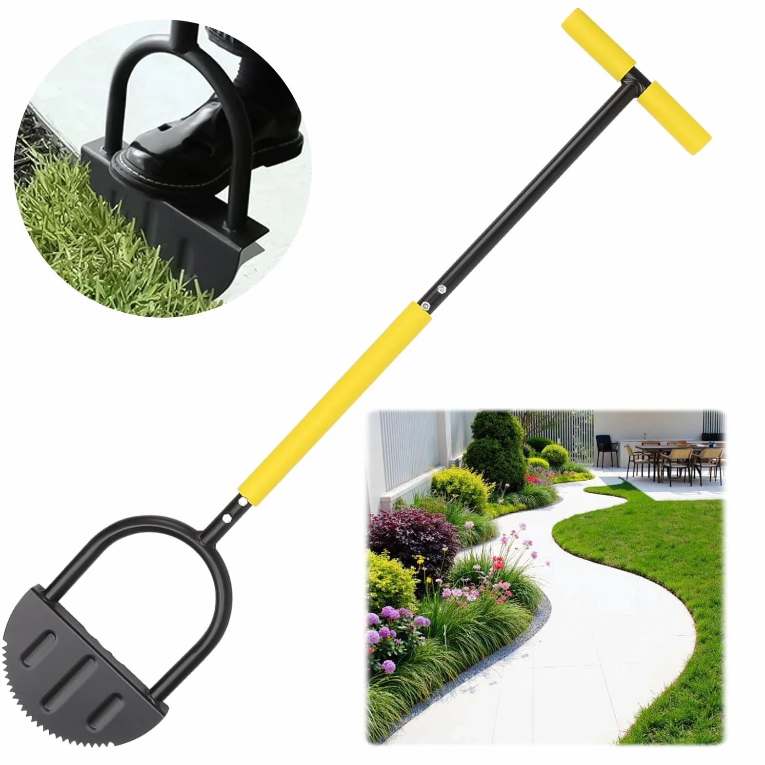 Rasenkantenschneider, 108cm Rasenkantenstecher, Scharfer Sägezahn Halbmond-Form Manueller Kantenstecher mit T-Griff, Gartengestaltungswerkzeug für Gehwege, Beete, Gartenkanten Hof (V-Form)