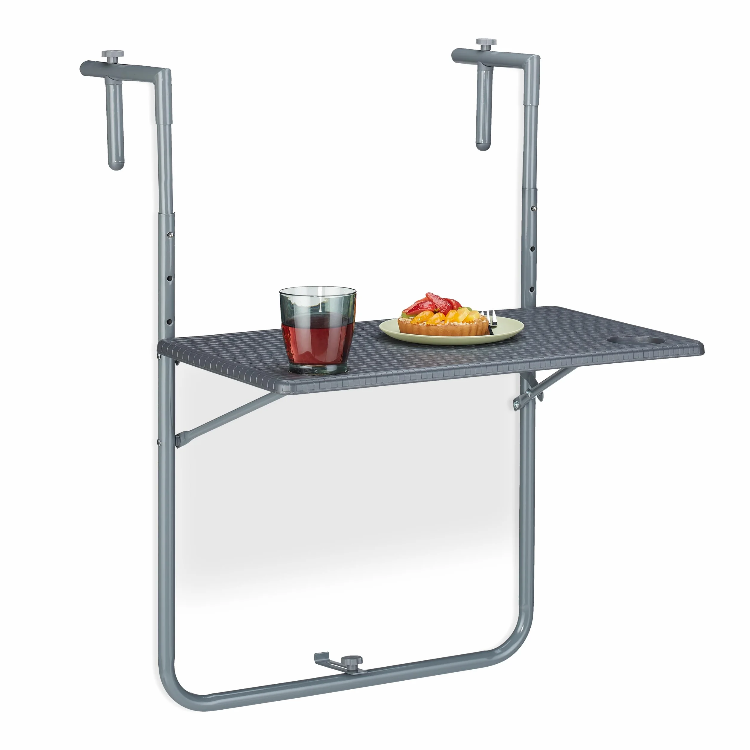 Relaxdays Balkonhängetisch klappbar, BxT: 59,5 x 60 cm, 3-Fach höhenverstellbar, 2 Getränkehalter, Geländertisch, grau