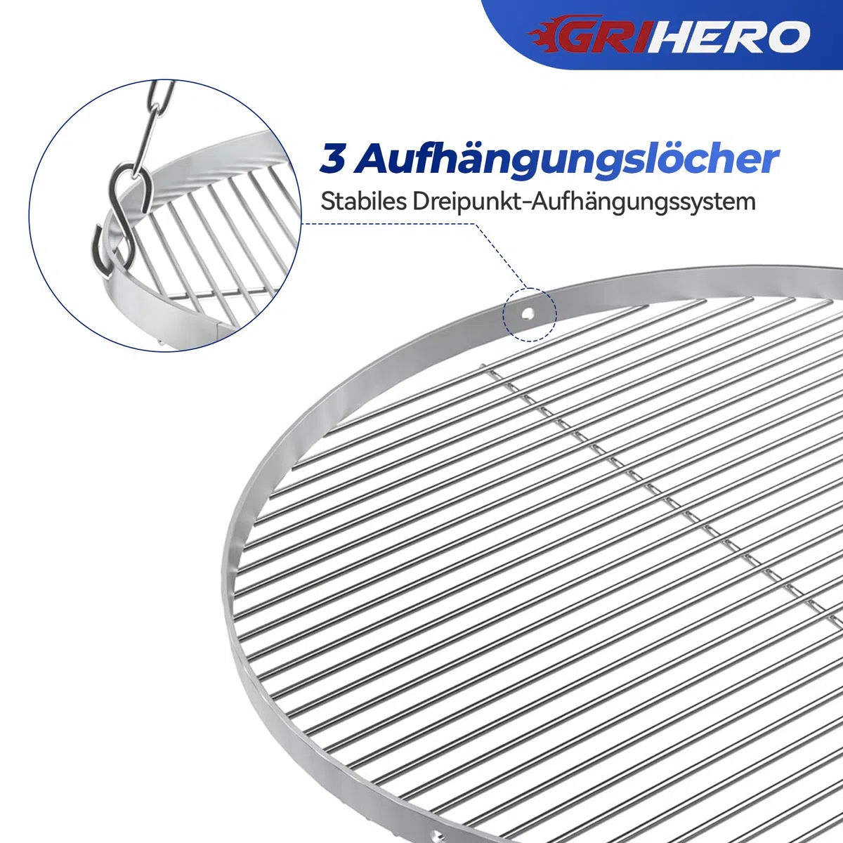 Edelstahl Grillrost Rund 60 cm 304 mit Aufhängungsbohrungen für Weber Kugelgrill 57cm
