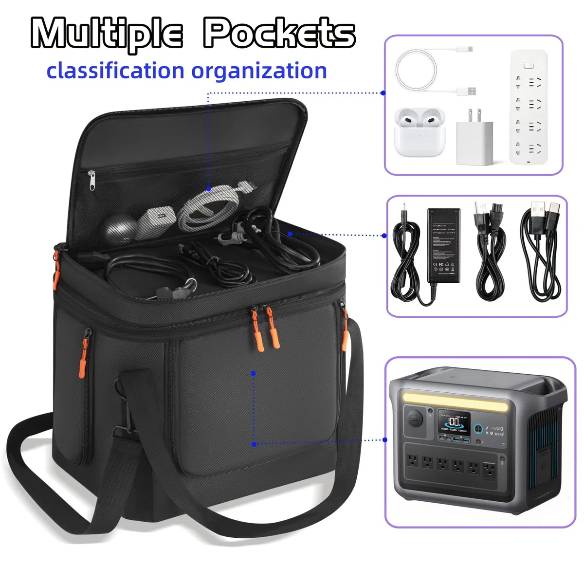 Tragbare Powerstation-Tasche kompatibel mit Anker SOLIX C1000/C800/C800 Plus - Schnellzugriff-Tragetasche mit Schultergurt und mehreren Taschen (Schwarz)