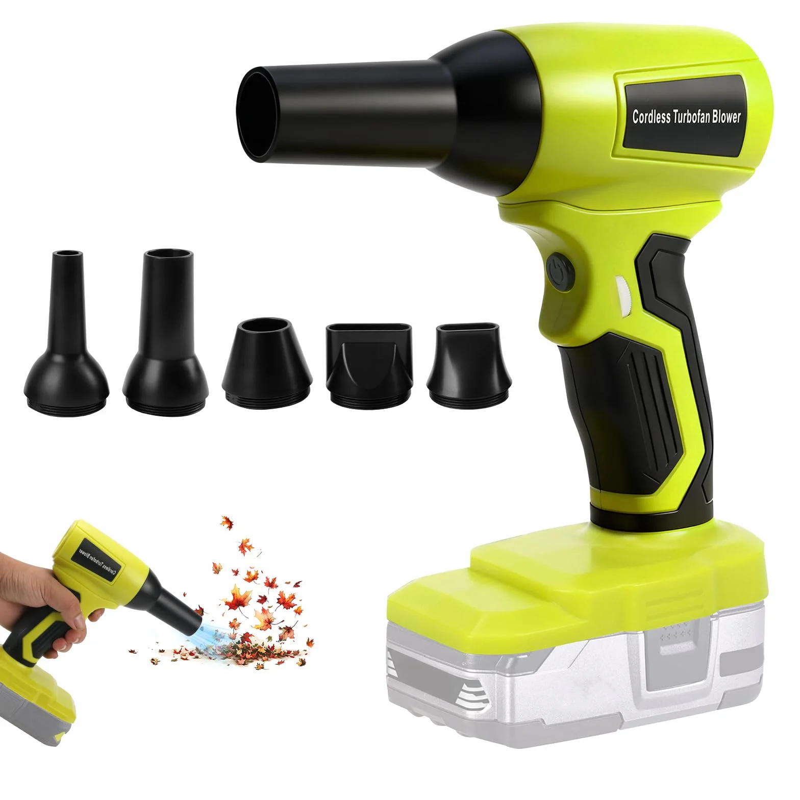 Kabelloses Blattgebläse für Ryobi, tragbarer Staubreiniger Handbürstenlose Gebläse 130000 U/min mit Verstellbarer Geschwindigkeit und 5 Düsen für Patio Room Home Reinigung Camping (ohne Batterie)