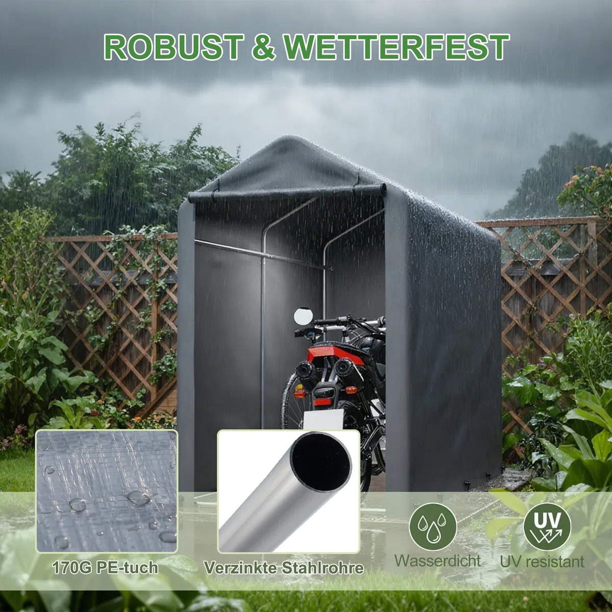 Fahrradgarage 187x100x160 cm, Carport Zelt Wetterfest, UV-Schutz, Wasserdicht, Fahrradzelt, Zeltgarage Geräteschuppen für 2 Fahrräder, Auto, SUV, Motorrad, Boot, Gartenhaus, Grau