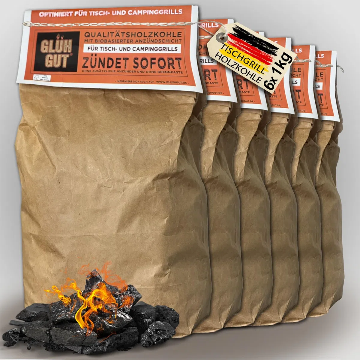 Tischgrill-Holzkohle 1kg x 6 (6 KG) – 6kg Holzkohle mit Anzündbeschichtung – extra kleine Körnung 20–50mm – sofort einsatzbereit, raucharm, ideal für unterwegs, ideal für Lotus Grill, Balkon