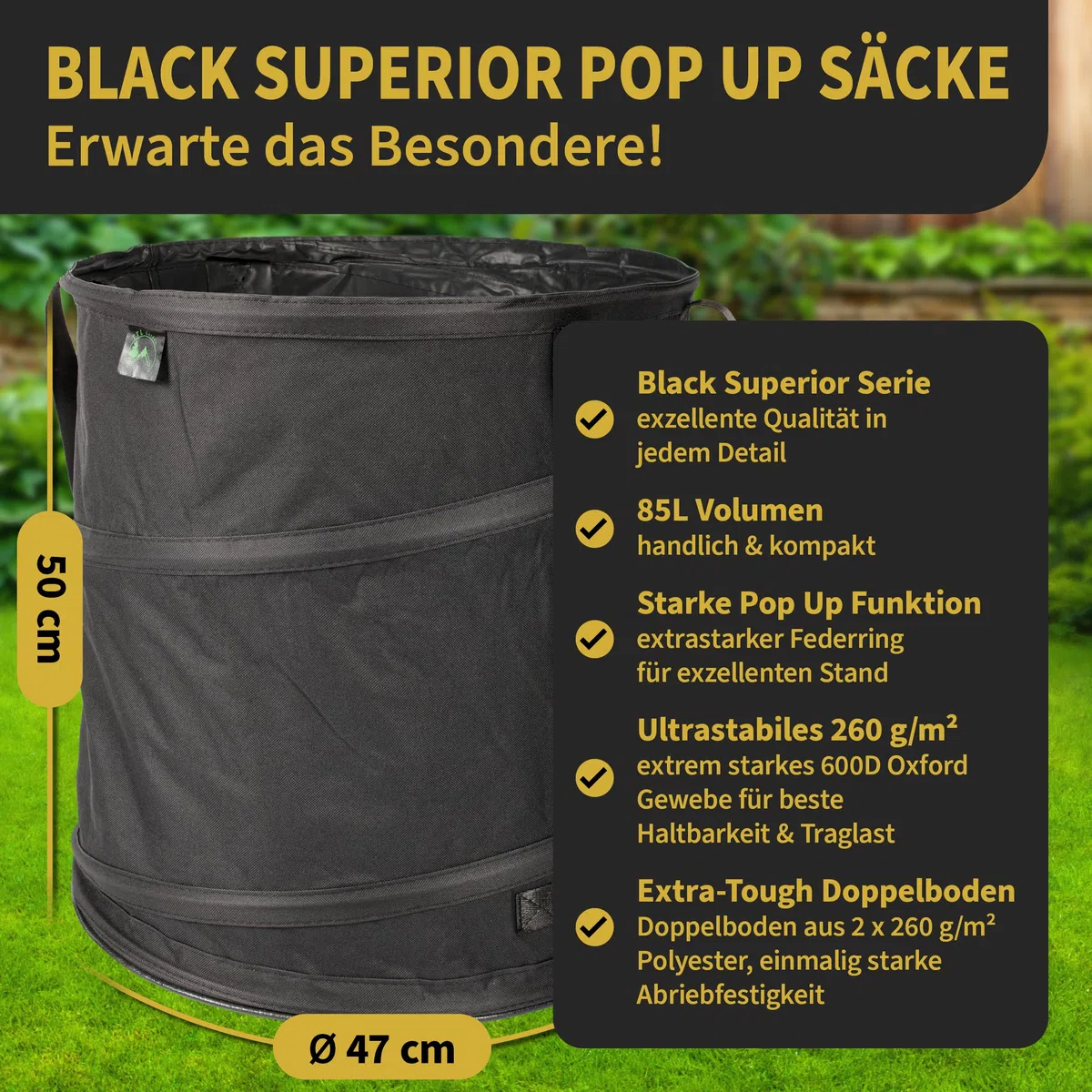TTL GARDEN BLACK SUPERIOR 3x 85L Pop Up Gartensack - DOPPELTER BODEN 260gsm extra stabil 600D Oxford 3er Set 85 Liter Gartenabfallsack Laubsack faltbar Grünschnitt Garten Abfall selbstaufstellend