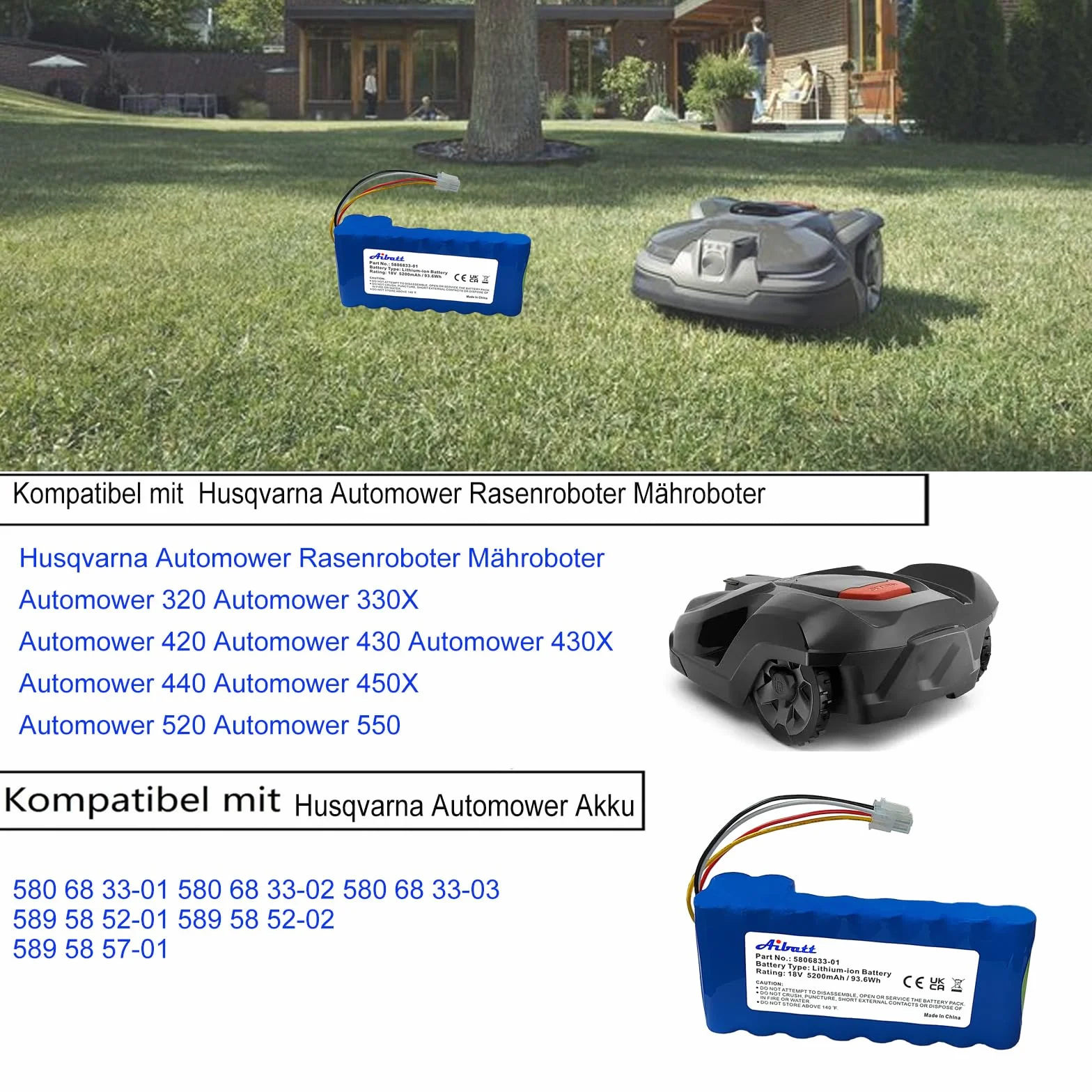 Mähroboter akku, Ersatzakku für Husqvarna Automower 320, 330X, 420, 430, 430X, 440, 450X, 520, 550 Rasenroboter, Ersatz für 580 68 33-01,580 68 33-02 akku(5200mAh/18V/93.6Wh)