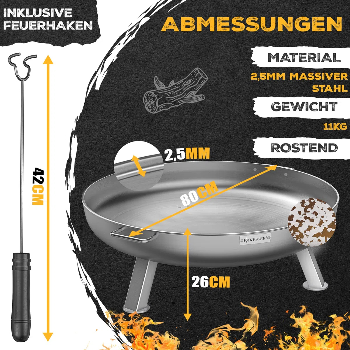 KESSER Feuerschale 2,5mm Stahldicke Ø80cm legierter Stahl Feuerkorb mit Feuerhaken Gusseisen für Garten Terrasse