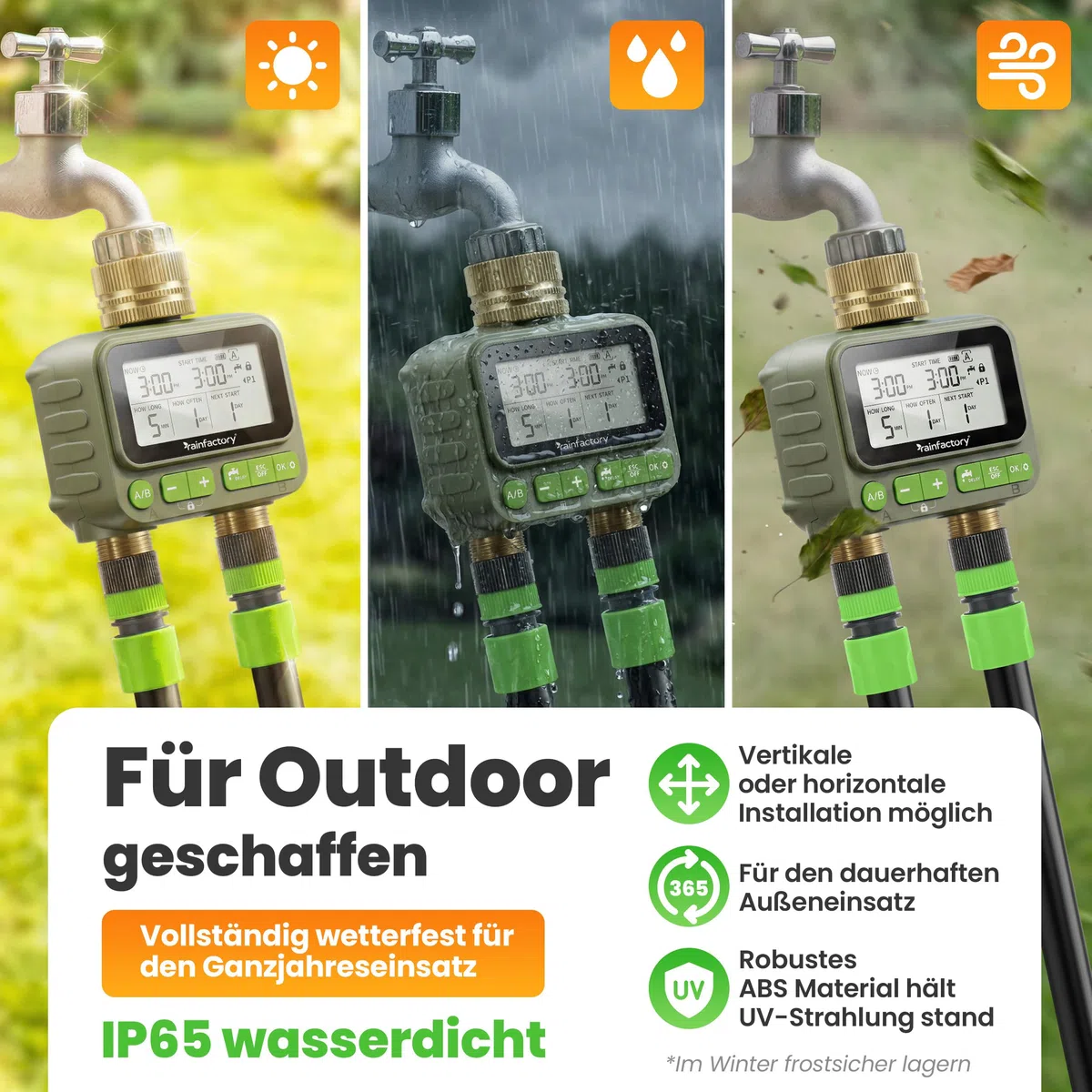 rainfactory Bewässerungscomputer 2 Ausgänge mit Fernbedienung - automatische Bewässerungssteuerung für Garten - Bewässerungsuhr mit 4 Programmen, Delay - Wasser Zeitschaltuhr IP65, 3/4 Zoll Rasen Beet