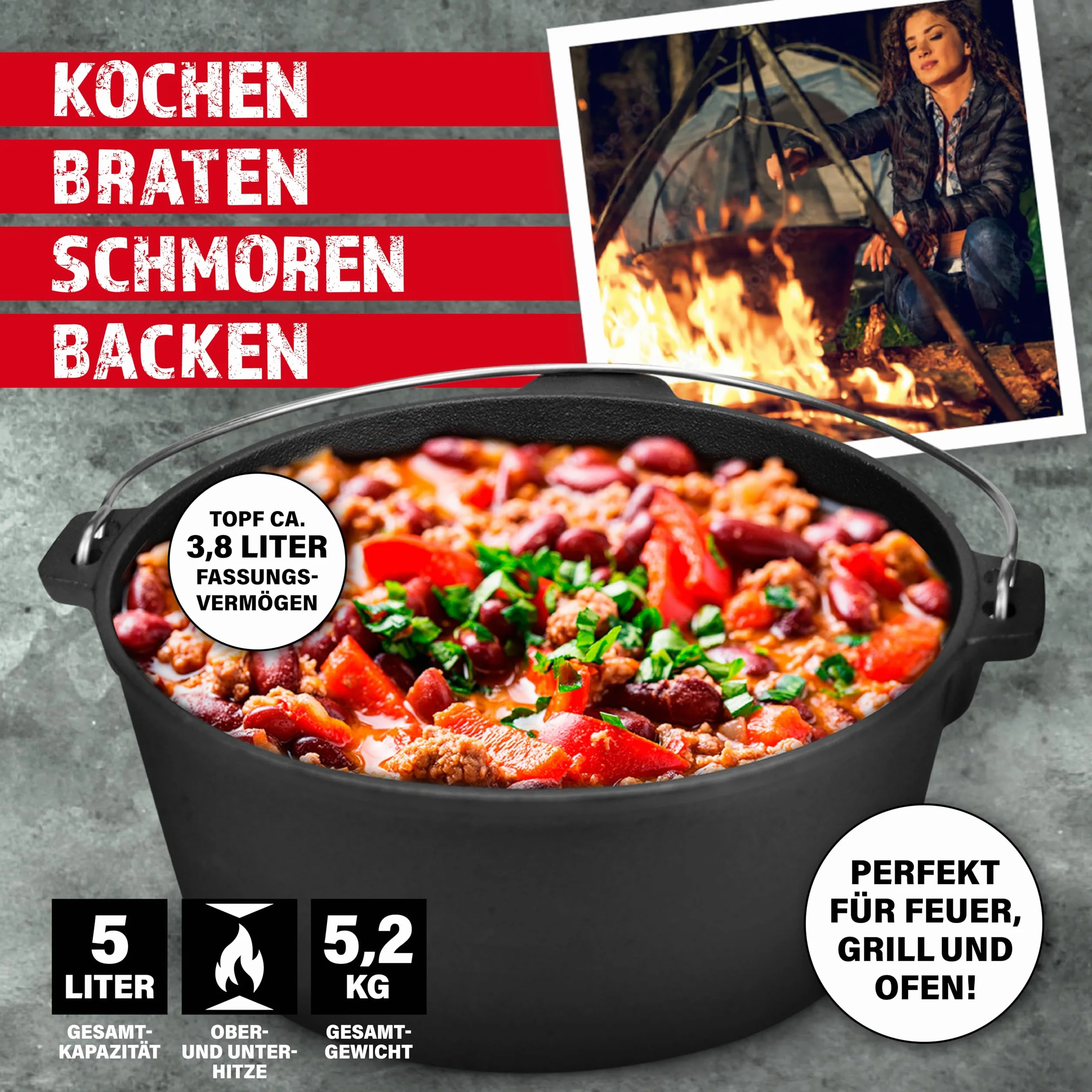 BBQ BOSS Dutch Oven [5L Kapazität] Gusseisen – Topf – Schmortopf – cast iron – Feuertopf – Gulaschkessel – Mit Deckel