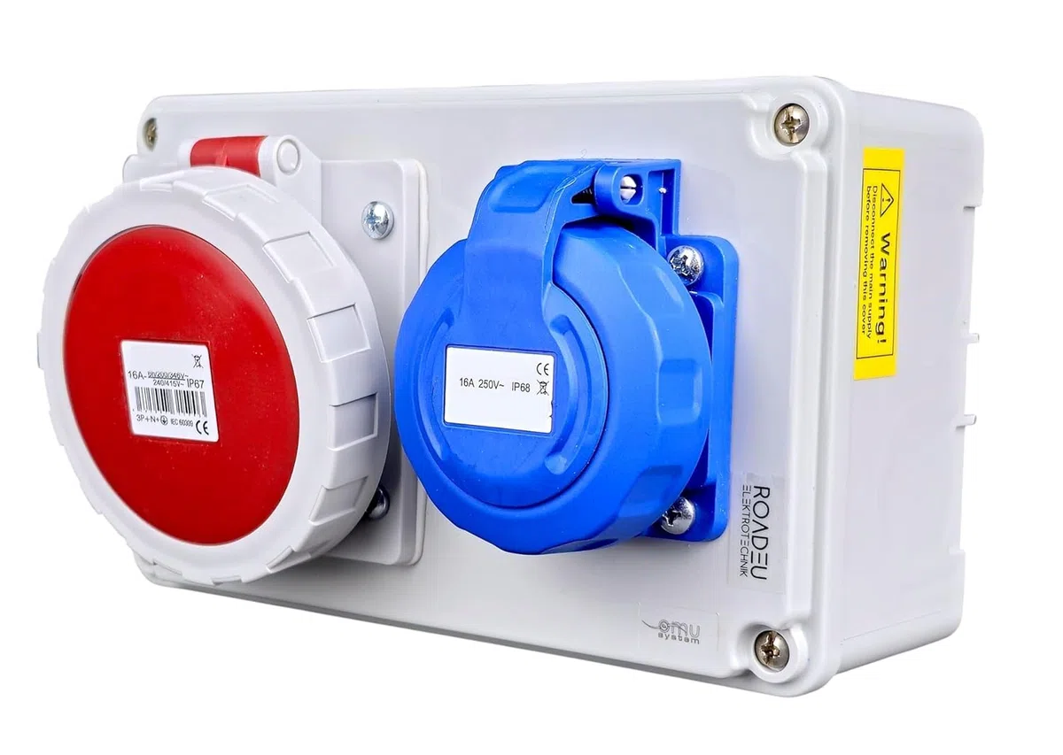 RoadEu – Steckdosenverteiler Schuko 230V + CEE 16A 5-polig, Stromverteiler IP67 Wasserdicht, Außensteckdose mit Abdeckung, Baustromverteiler für Indoor/Outdoor