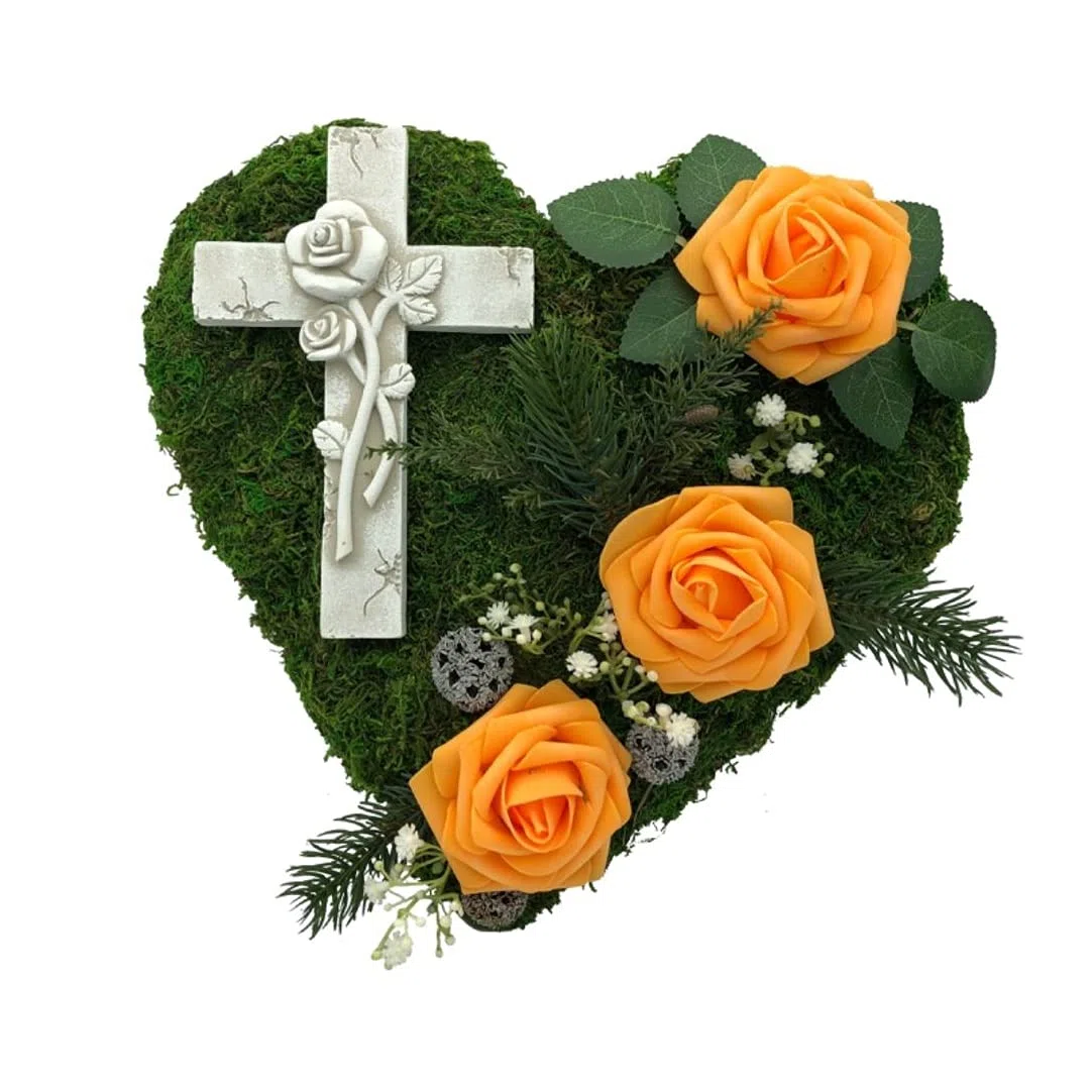 Grabgesteck Grabschmuck Grabaufleger Moosherz Grabherz Trauerherz Grab Herz Gesteck Rosen mit Kreuz (Rosen Orange)