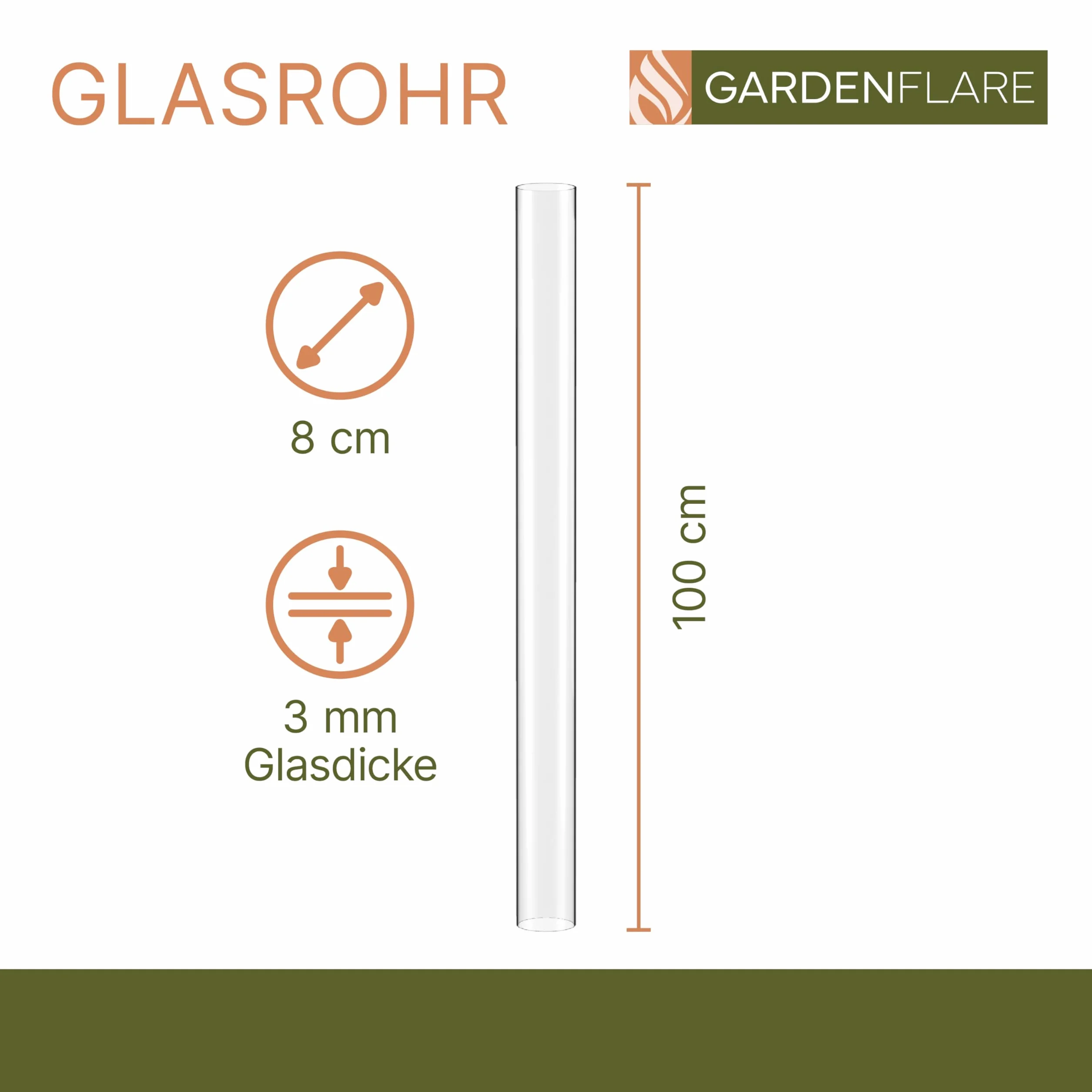 GARDENFLARE Glasrohr Ersatzteil für Feuersäule Pelletfackel - feuerfeste Glasröhre 100 cm