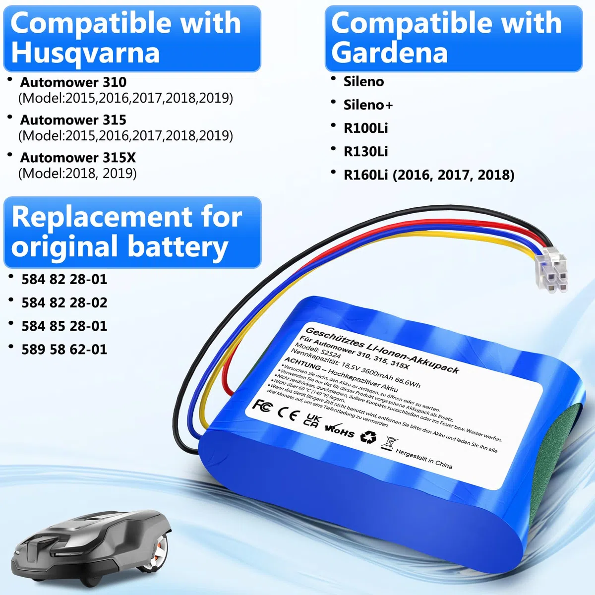 Ersatzakku kompatibel mit Husqvarna Automower 310, 315, 315X, Gardena Sileno R100Li,R130Li,R160Li Rasenmäher - (3600mAh, 18.5V, Li-Ion)