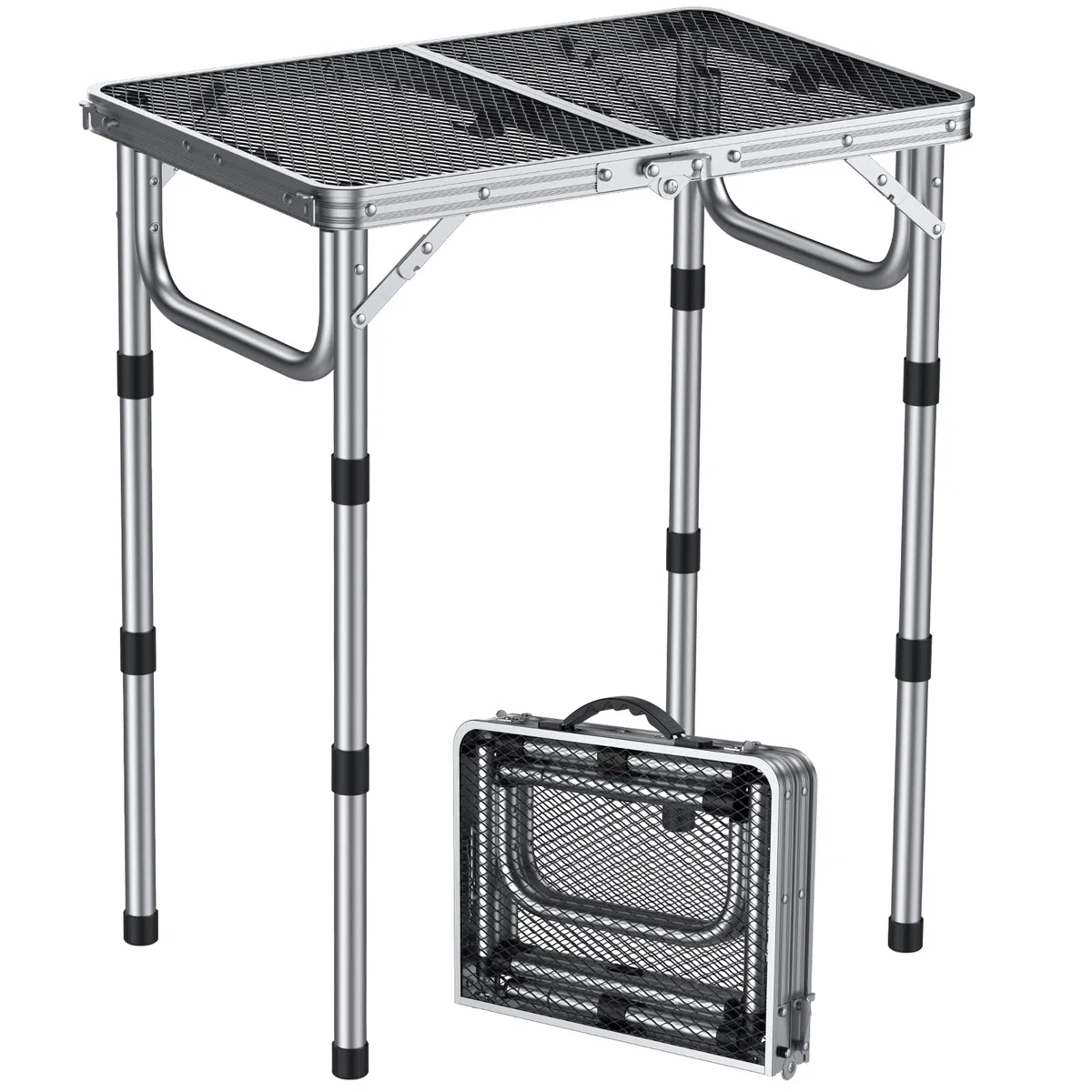 Anbte Campingtisch Grilltisch 58x40cm Metallgitter Tischplatte mit 3 Verstellbare Höhe 26/48/70cm Aluminium Rahmen Klapptisch Tragbar Picknicktisch für BBQ Garten Party Balkon (Silber)