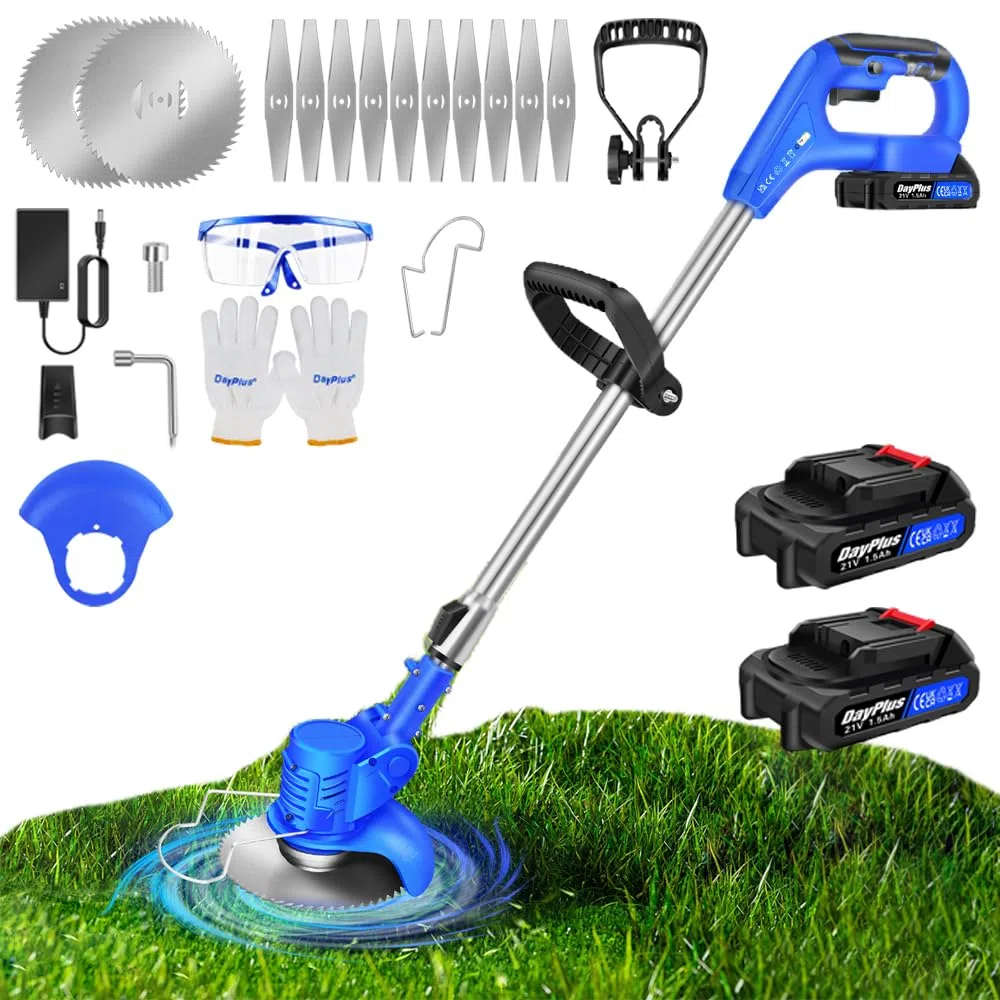 Akku Rasentrimmer mit Akku 21V Freischneider Elektrischer Rasentrimmer Mit 2 Batterien Akku Motorsense Elektro-Trimmer, Garten Rasen Unkraut Trimmer Elektro Trimmer Gartenkantenfräser für Garten, Hof