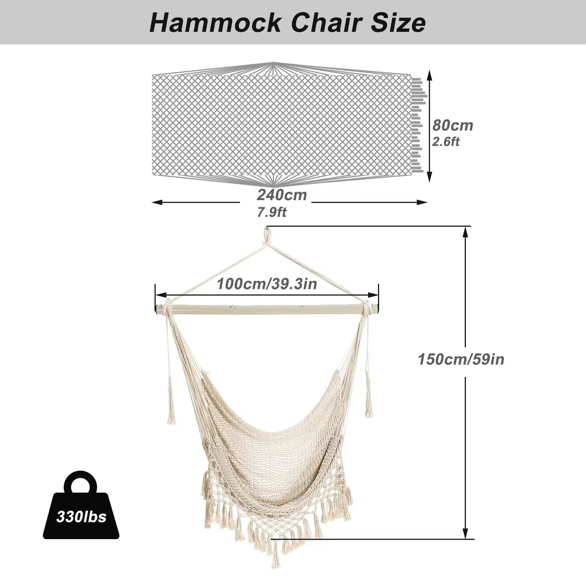 Hängesessel Hängestuhl Aus Weichem Baumwollseil Mit Hochbelastbarer Metallstange,Geeignet Indoor Outdoor Garten Balkon，Belastbar bis 150 kg