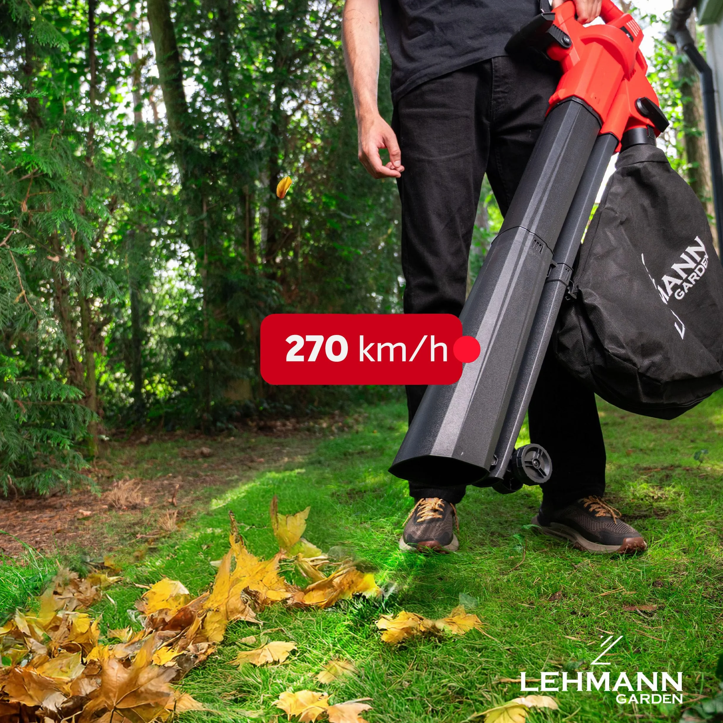 LEHMANN Elektro Laubbläser 3-in-1, Laubsauger mit Häcksler, 3500W, Häcksel-, Saug- und Blasfunktion in einem, 270 km/h Blasgeschwindigkeit, 15.000 U/min, Fangsack 40L, Tragegurt & Räder