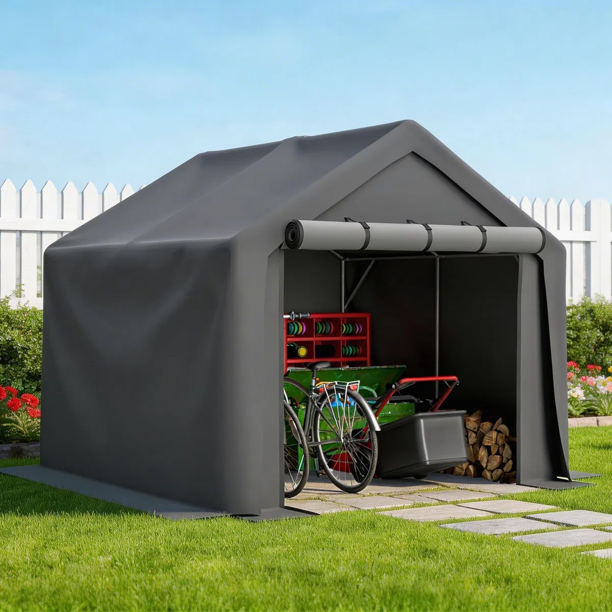 Thanaddo Fahrradgarage Zeltgarage Lagerzelt für 3-6 Fahrräder, Winterfest Geräteschuppen Carport mit UV-Schutz PE-Dach, Fahrradschuppen Motorrad Garage 244x240x220cm, Dunkelgrau