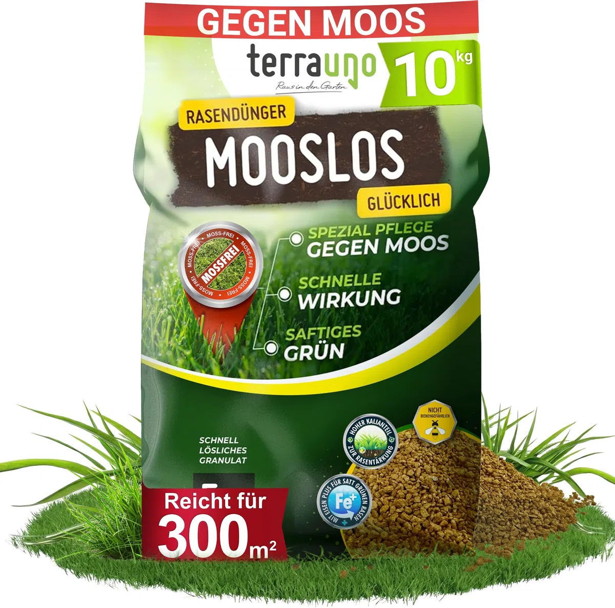 TerraUno Rasendünger Frühjahr Mooslos Glücklich, Moosfrei in 3 Tagen, 10 kg für 300 m², Eisendünger gegen Moos, extrafeines Granulat, Frühjahrsdünger Rasen, Dünger für den Streuwagen