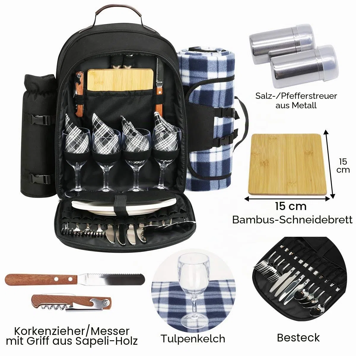 Sunflora Picknickrucksack für 4 Personen mit Decke Picknickkorb-Set für 2 mit isoliertem Kühler Weintasche für Familienpaare (Schwarz)