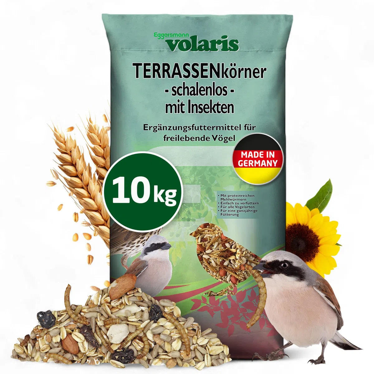 Eggersmann volaris Terrassenkörner mit Insekten 10 kg – Schalenfreies Wildvogelfutter mit Mehlwürmern, Sonnenblumenkernen UVM. – Ganzjahresfutter, Protein- & energiereich – Streufutter für Wildvögel